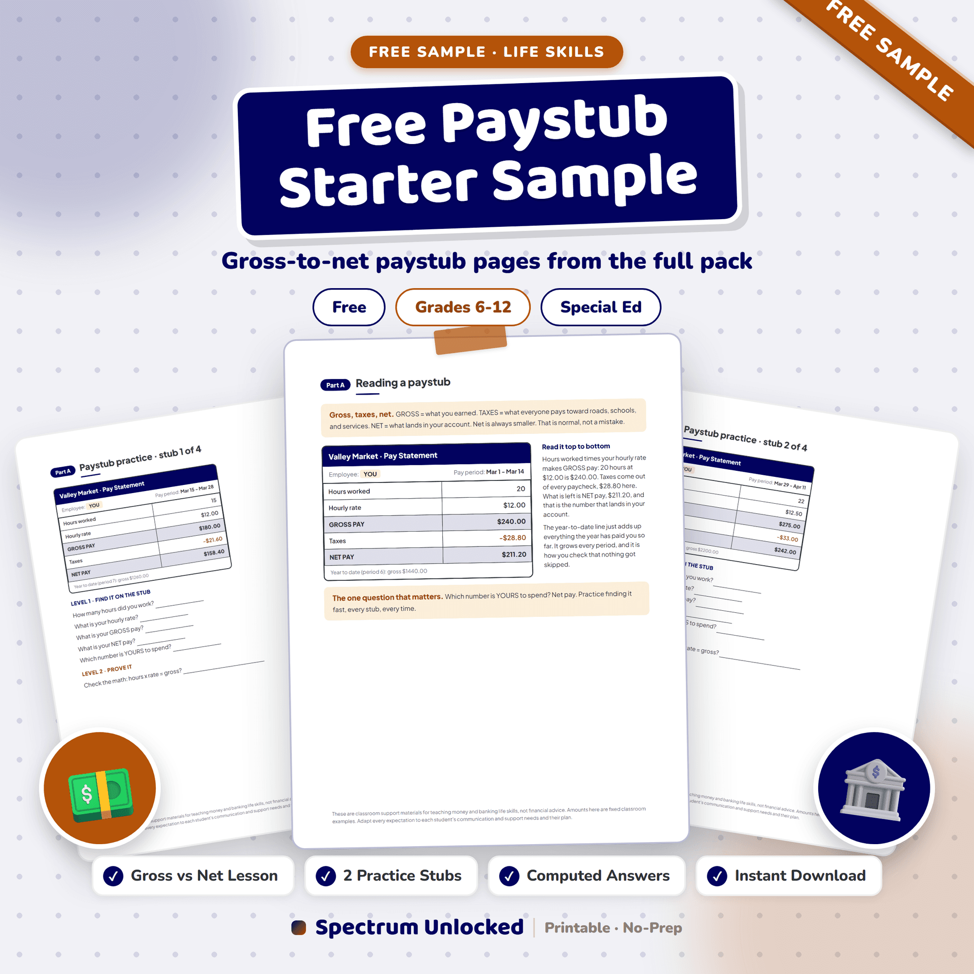 Paycheck and Banking Skills free sample cover