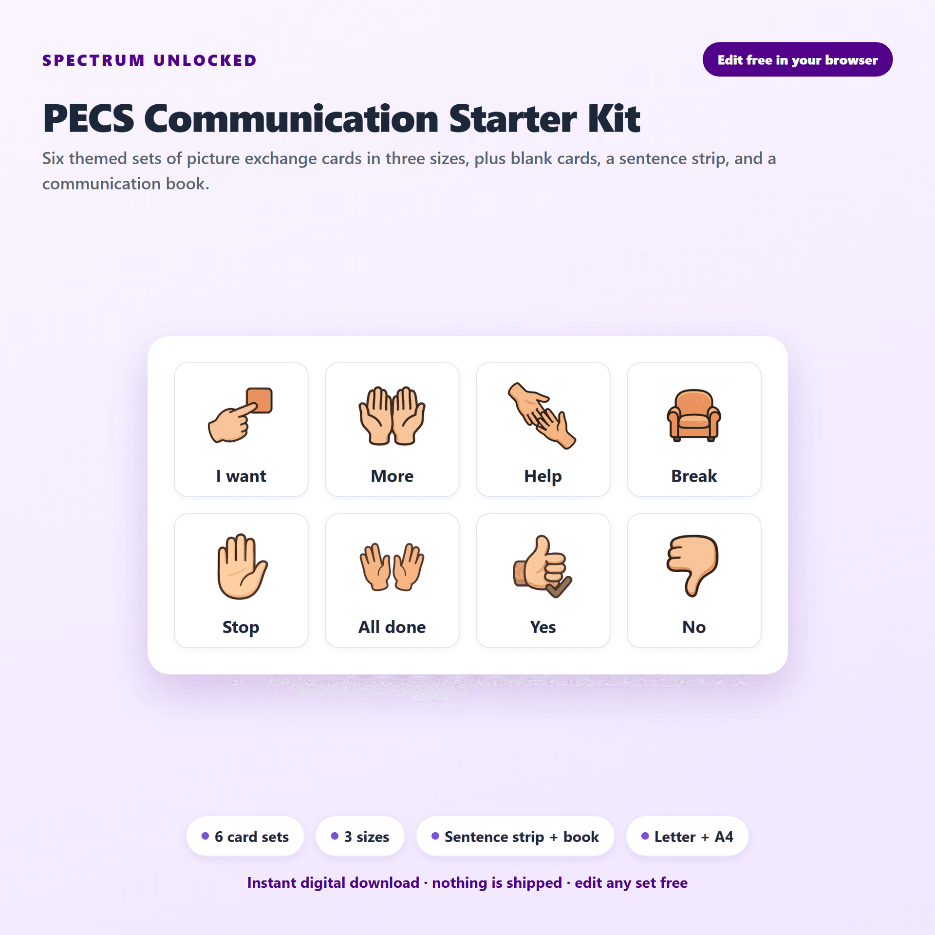 PECS Communication Cards Pack cover showing printable picture cards, sentence strips and a communication book