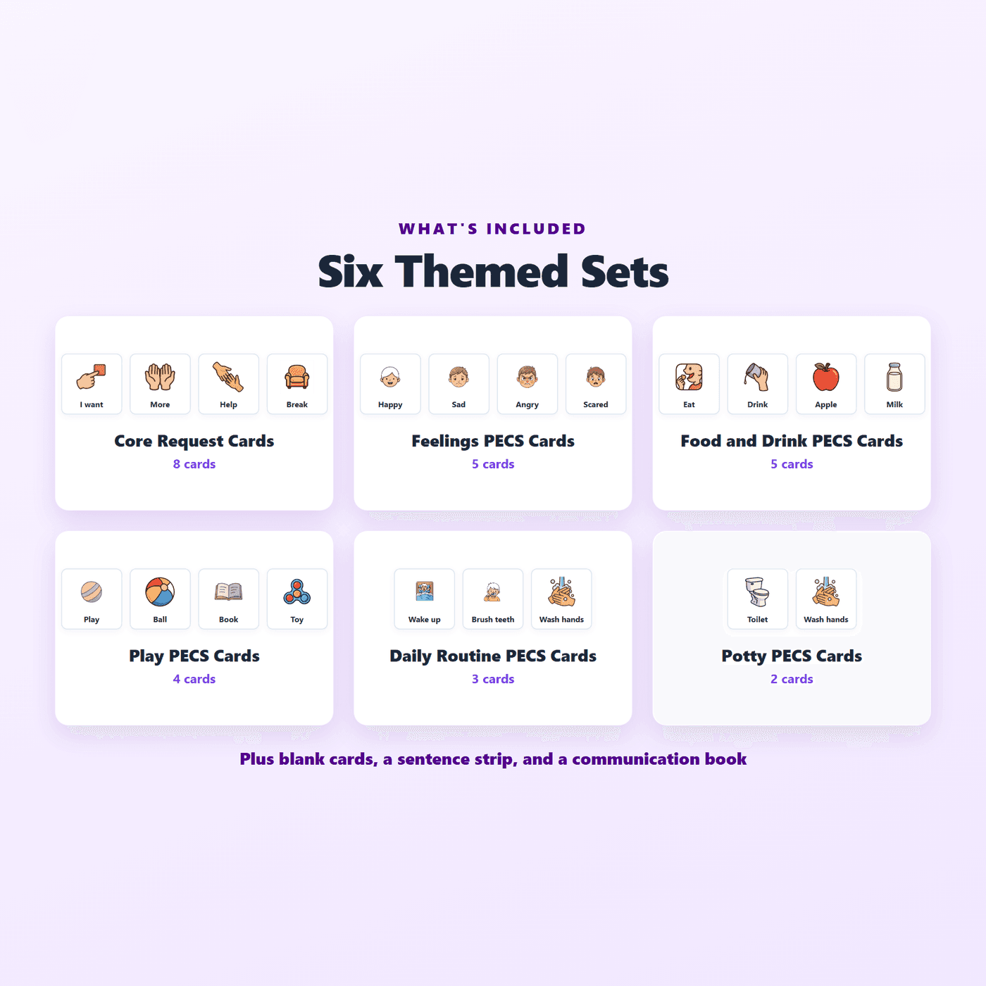 What is included in the PECS Communication Cards Pack, card set and book layout