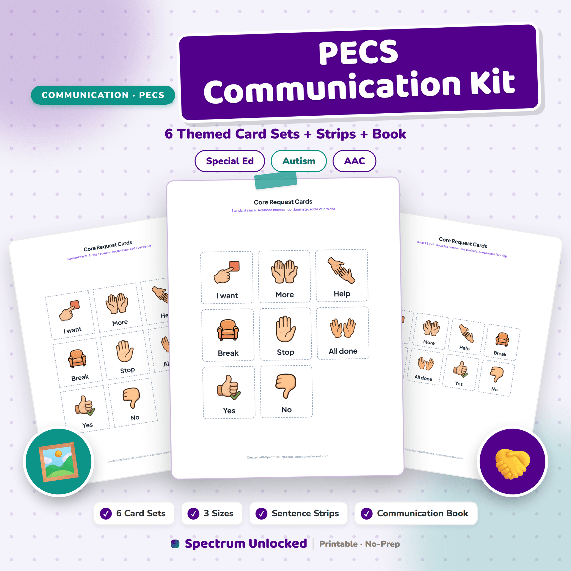PECS Communication Cards Pack cover showing printable picture cards, sentence strips and a communication book