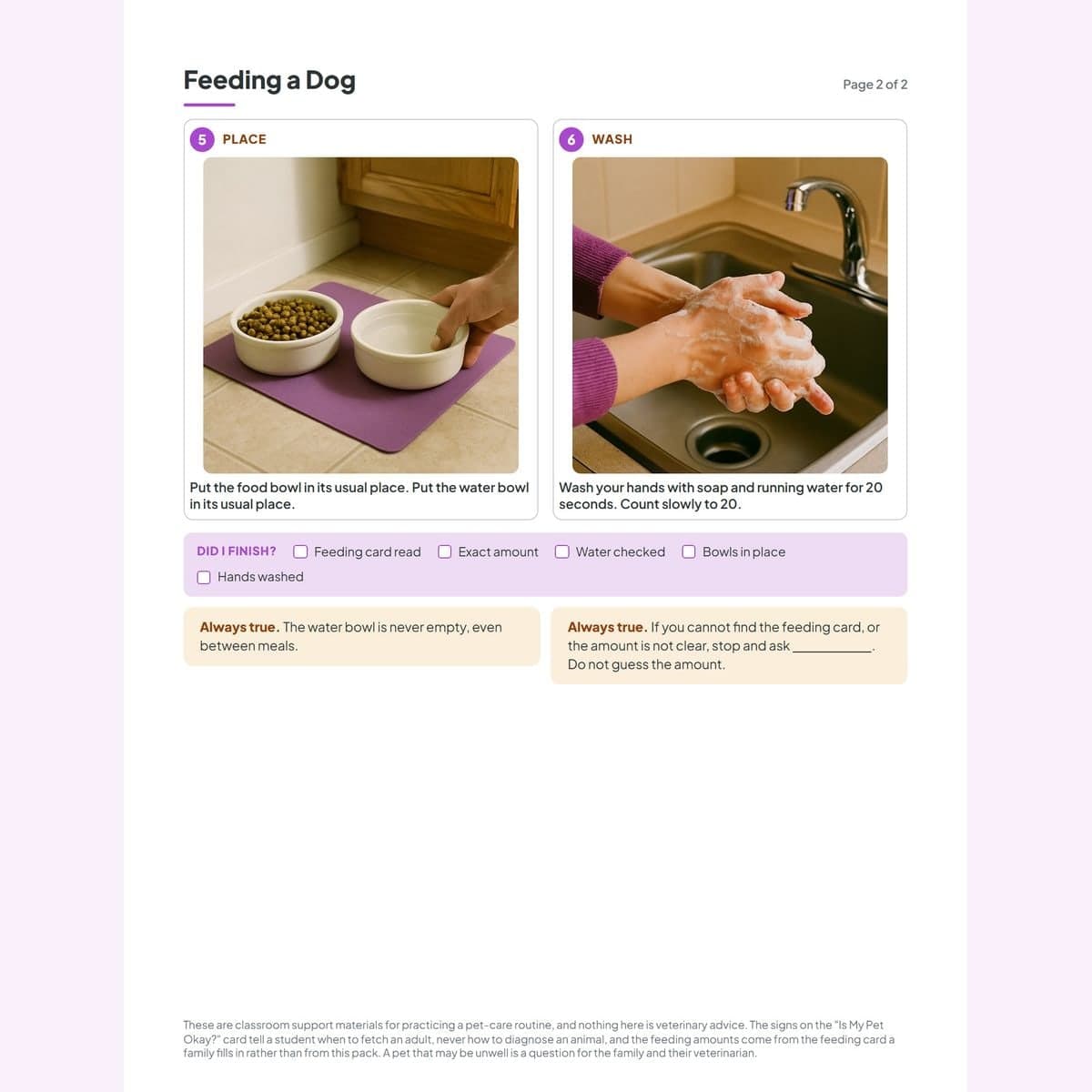 The last page of the dog feeding routine in photo steps, ending in hand washing and the Did I finish strip