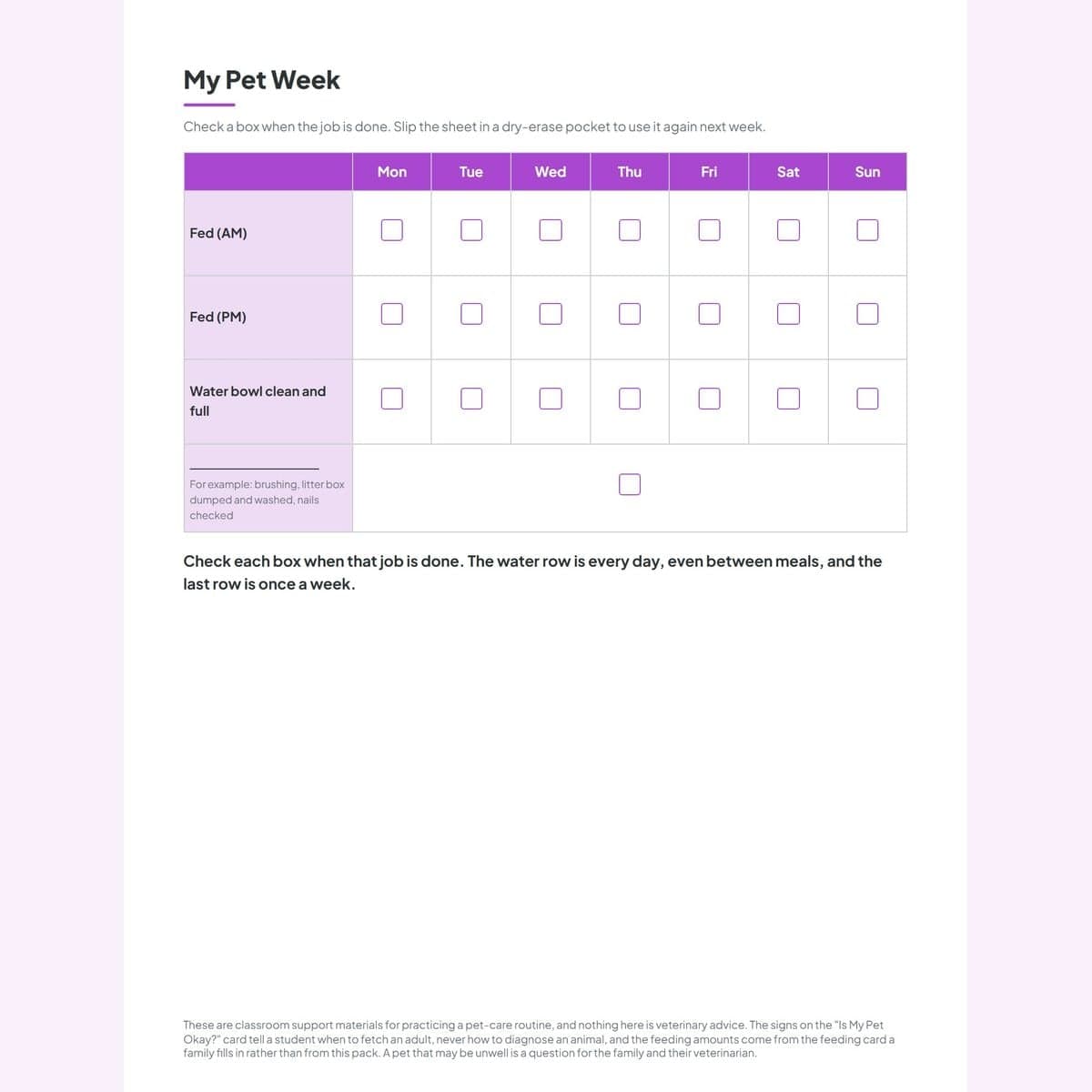 The weekly pet tracker, feeding morning and evening across seven days with a daily water row