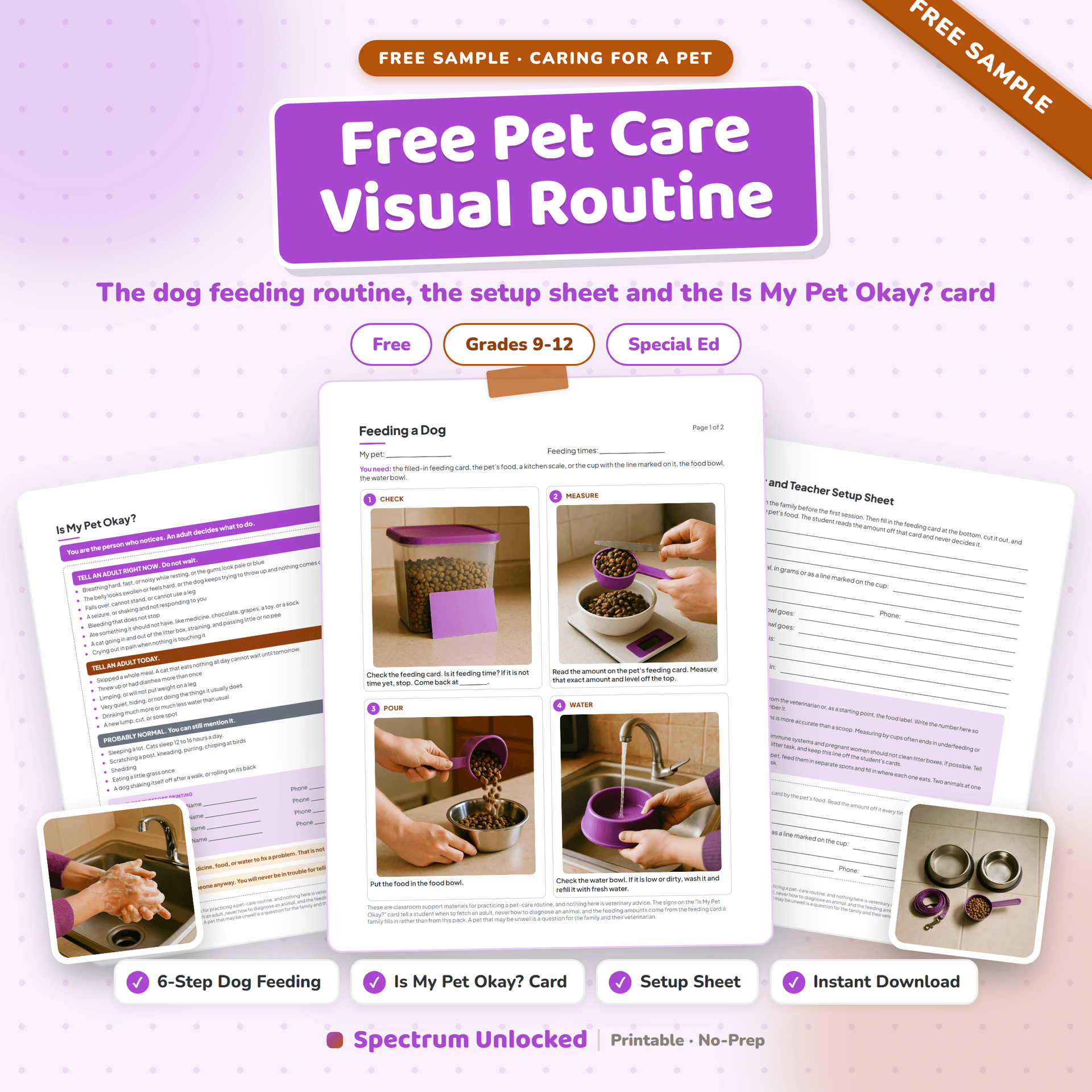 Free Pet Care Visual Routine sample cover, showing the dog feeding routine and the Is My Pet Okay card