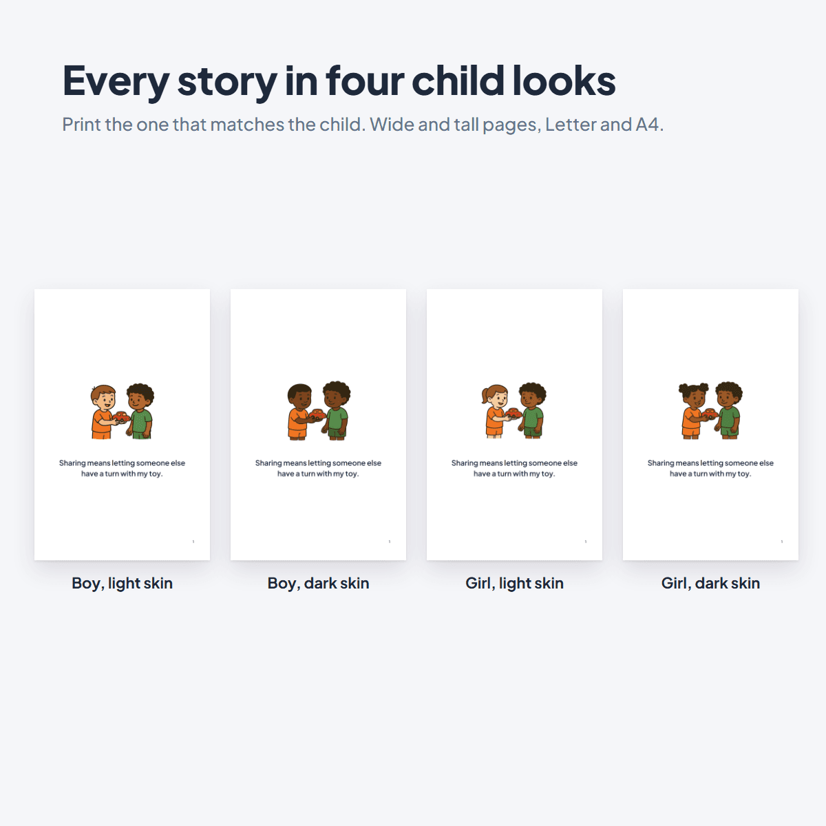 A Preschool Social Stories page in four child looks, a boy or a girl with light or dark skin