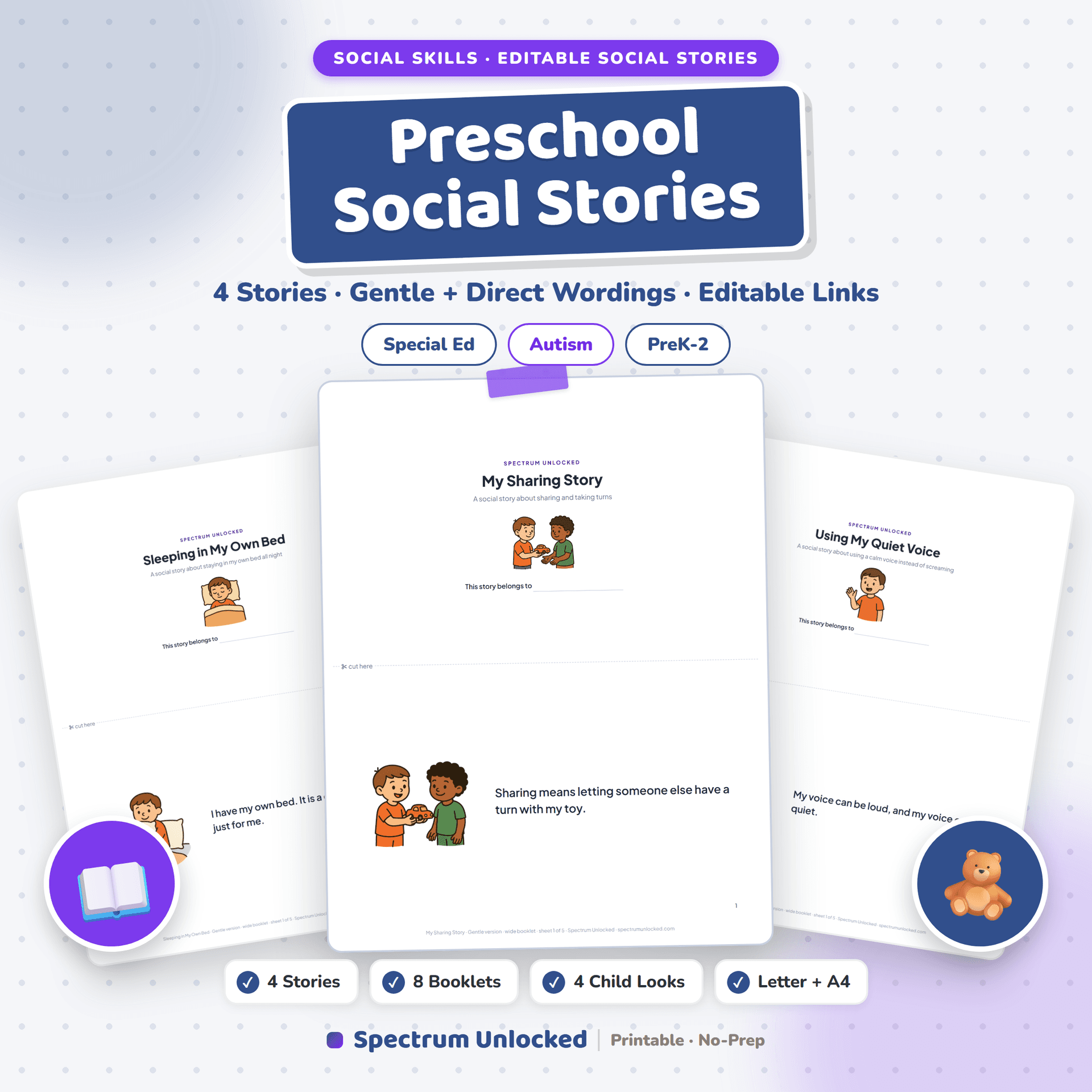 Preschool Social Stories cover, four printable social stories for young autistic children