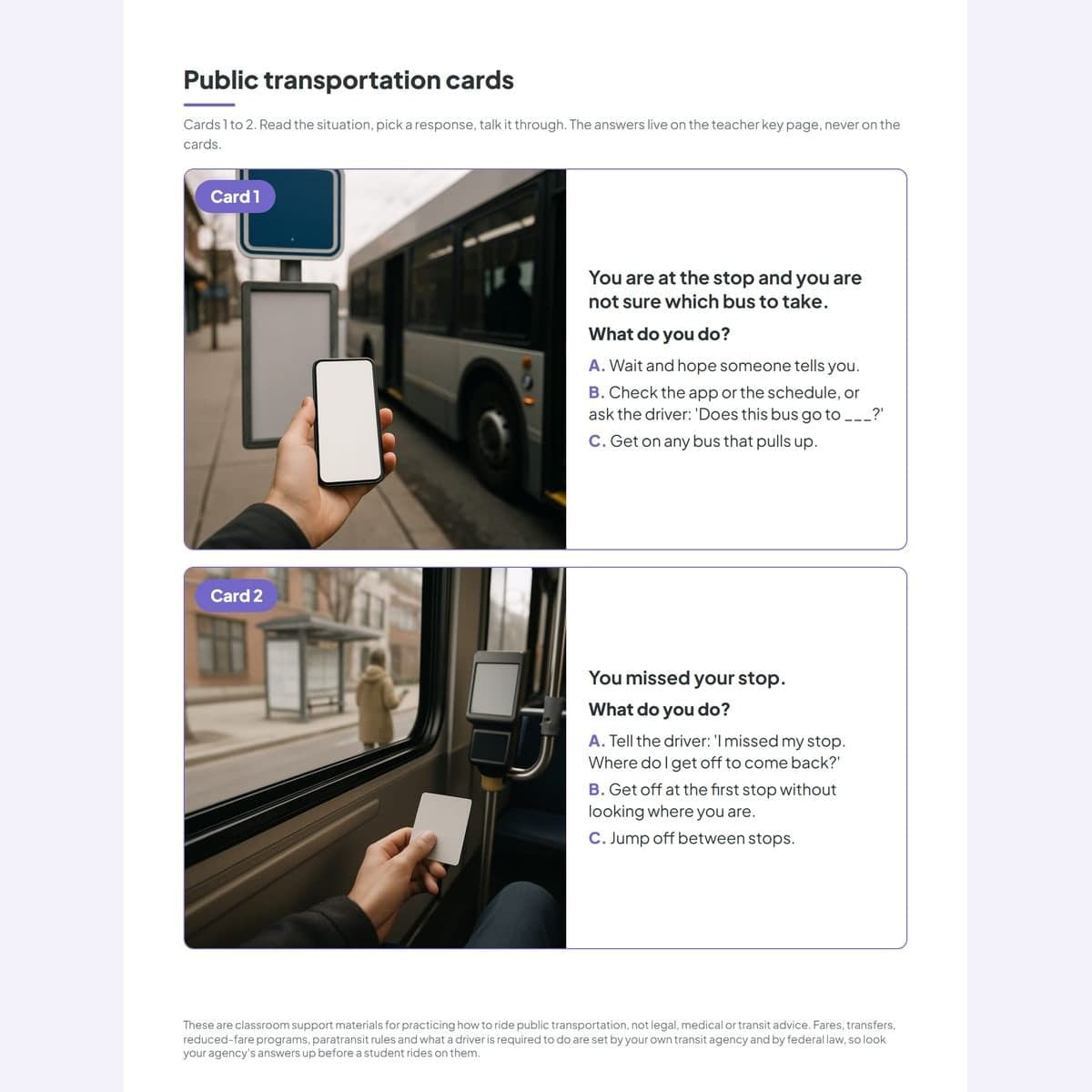 A page of two public transportation scenario cards, each with a photo, a situation and three lettered responses