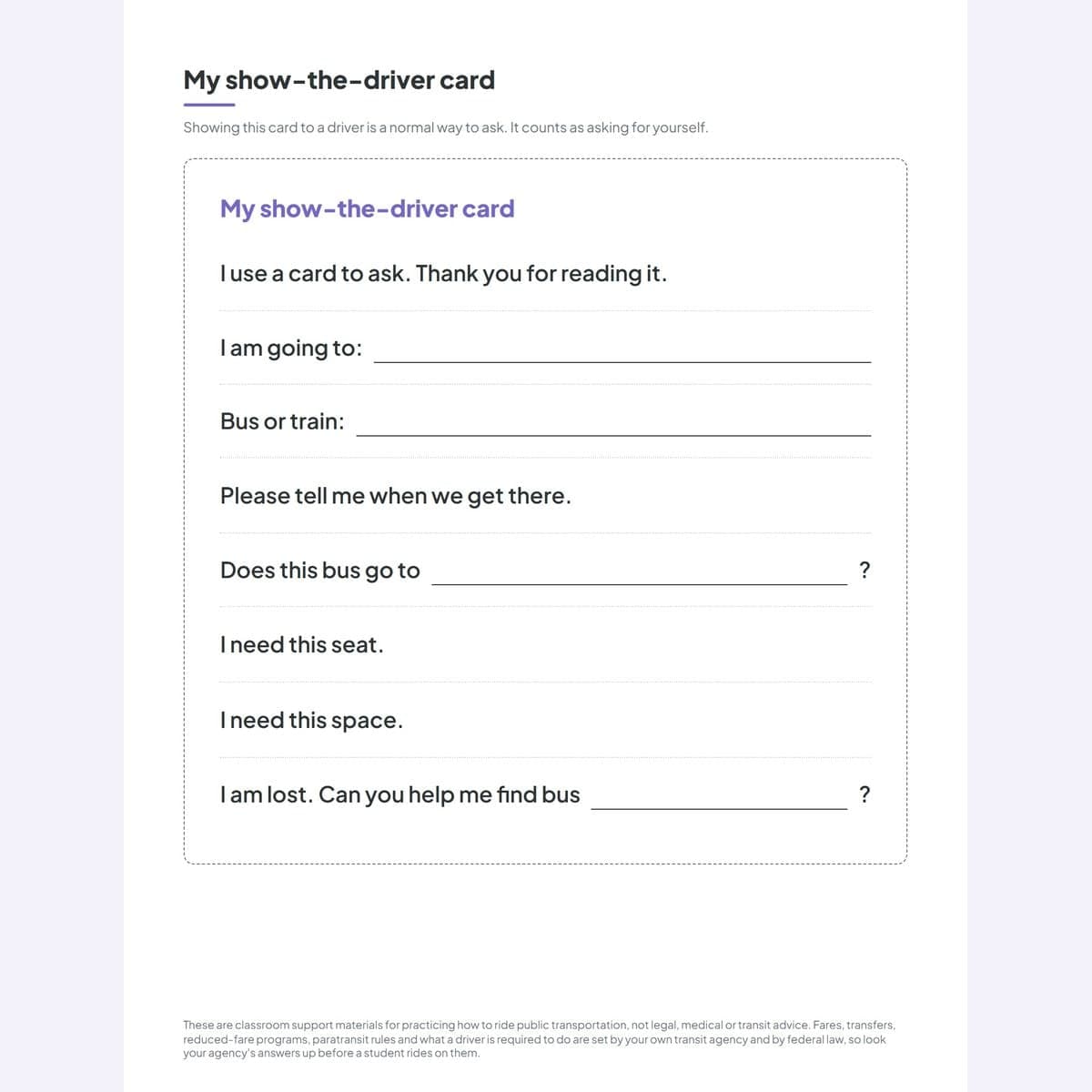 The rider script page beside the show-the-driver card, cut-out size