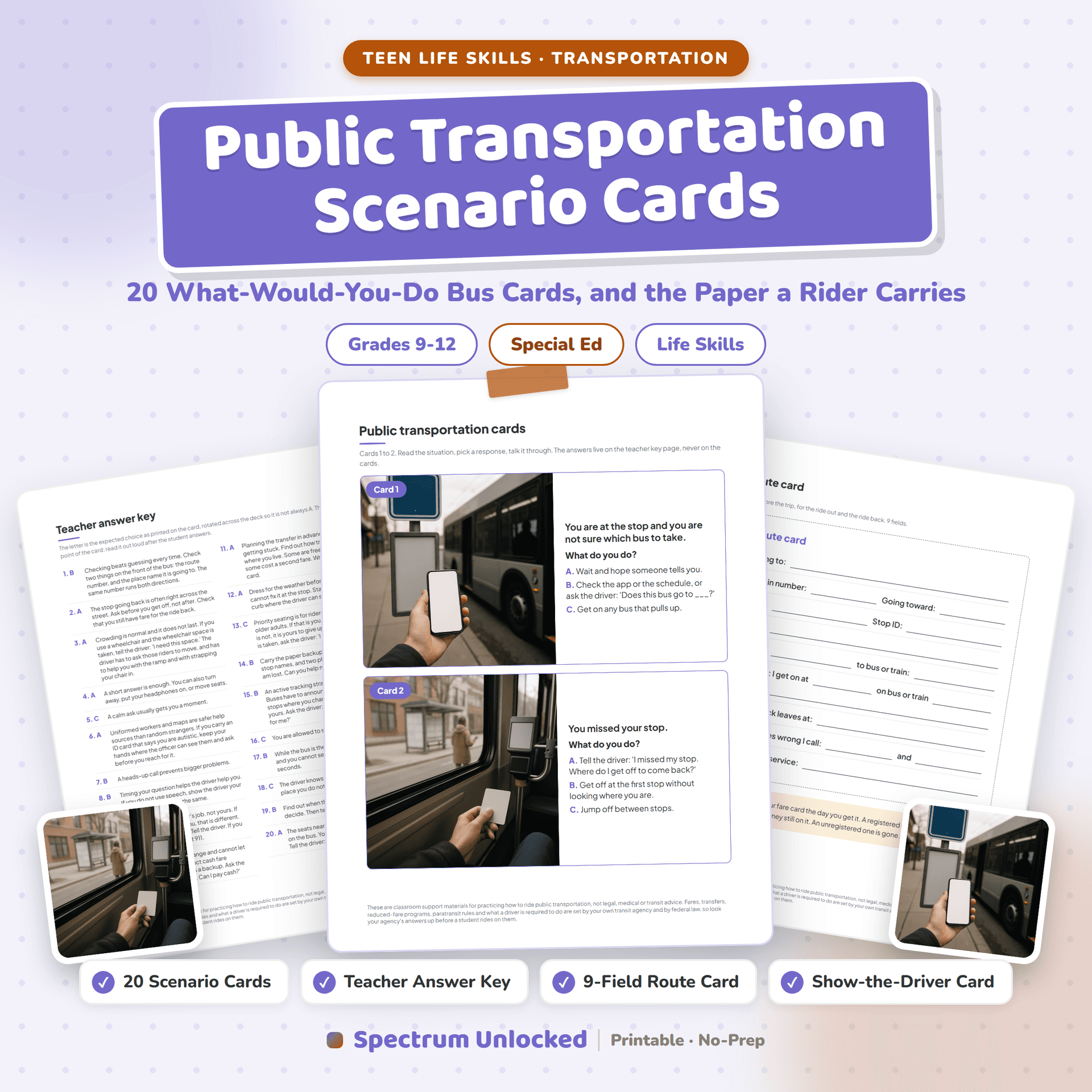 Travel Training Worksheets: Public Transportation Scenario Cards cover, showing a bus stop card, the route card and the rider script page