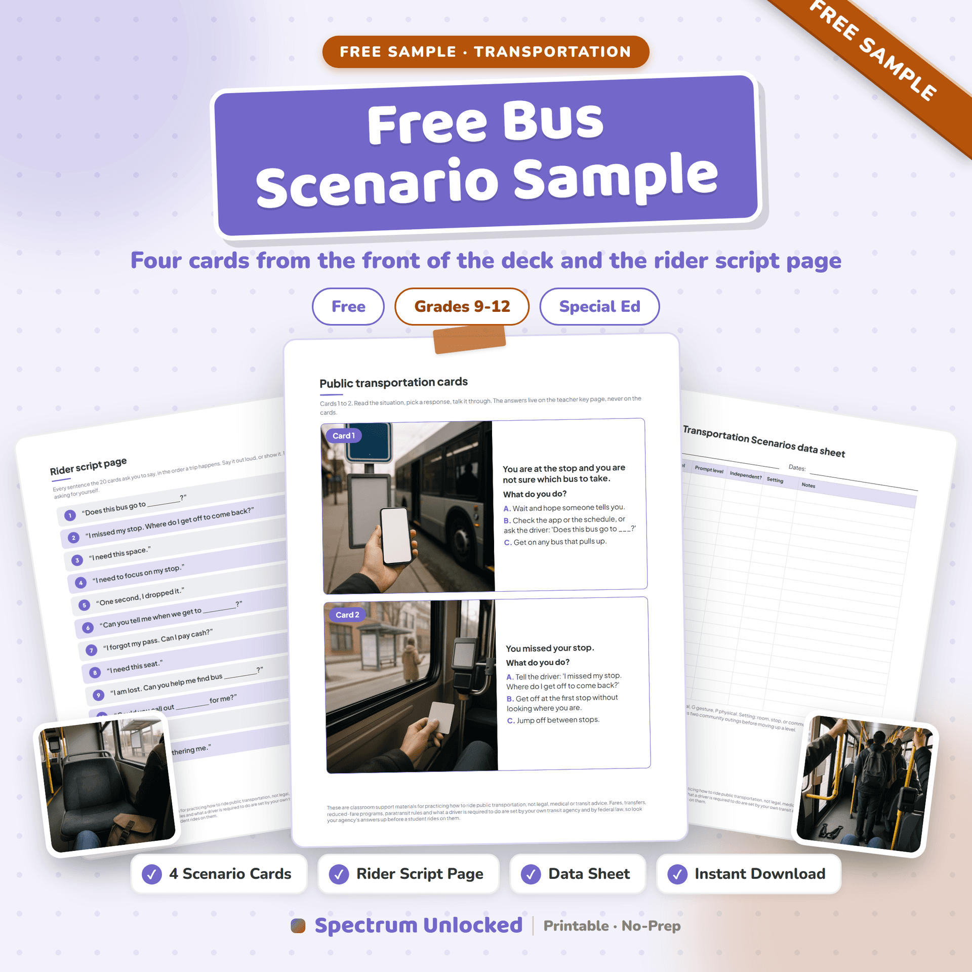 Free Community Based Instruction Worksheets sample cover, showing a public transportation scenario card and the rider script page