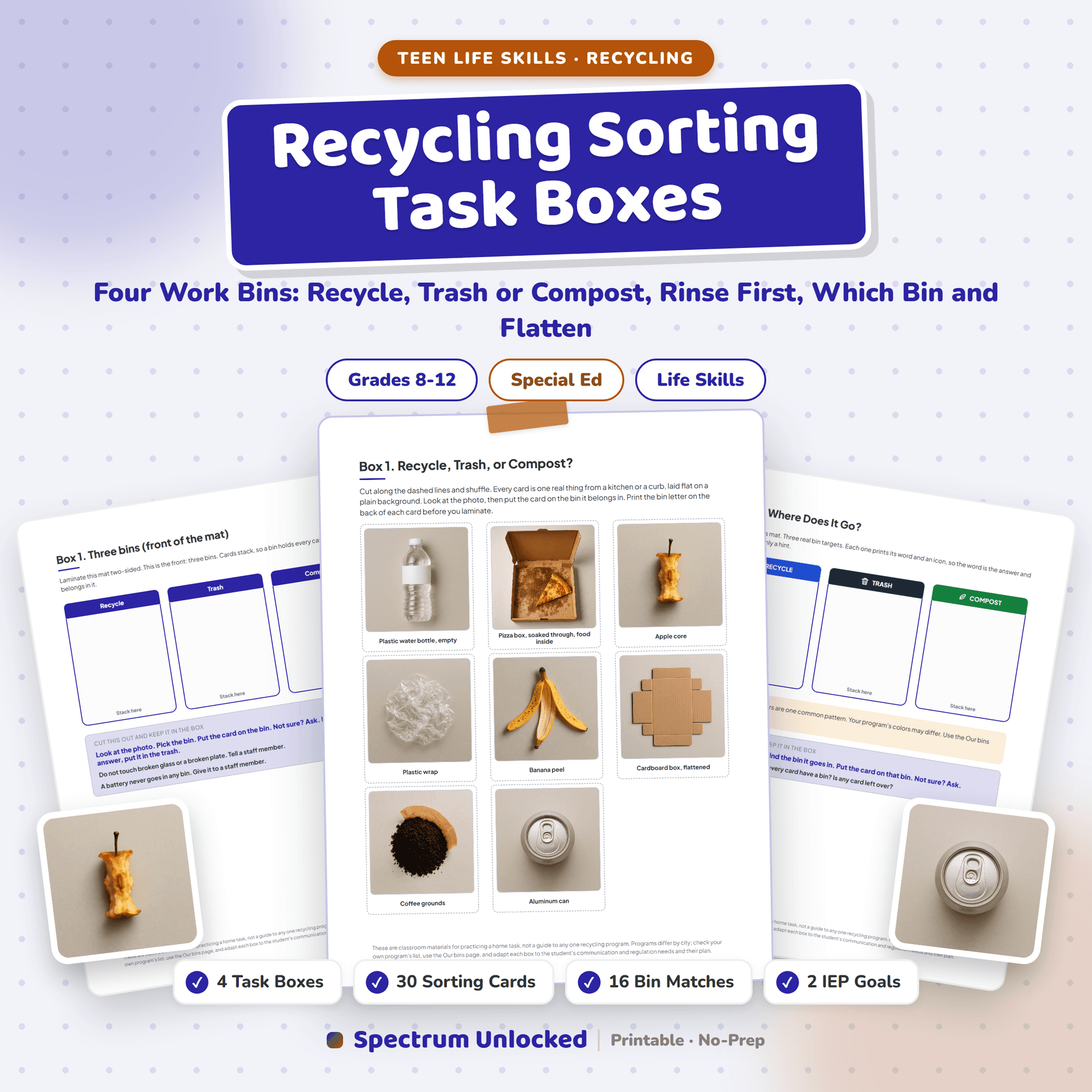 Recycling Sorting Task Boxes cover: four work bins for teens, recycle trash or compost, rinse first, where does it go, flatten and prep
