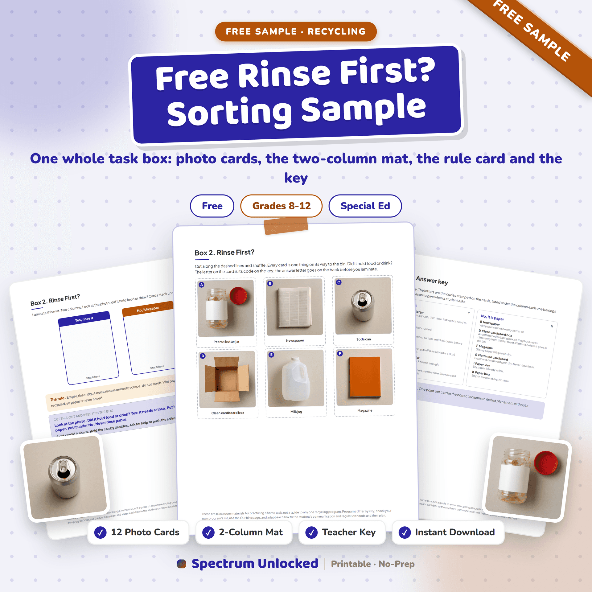 Rinse First? free sample cover: one whole task box from the Recycling Sorting Task Boxes