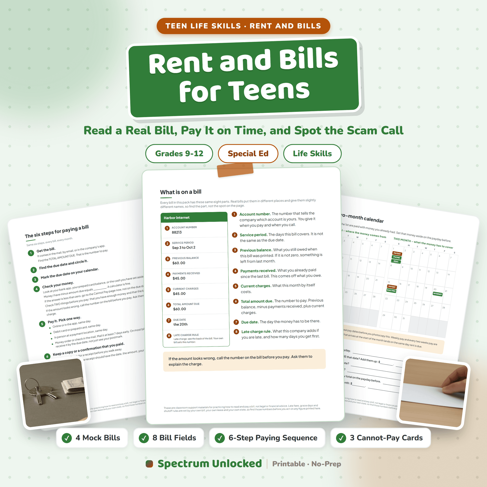 Independent Living Skills Worksheets: Rent and Bills for Teens cover, showing a mock bill, a calendar page and a script card