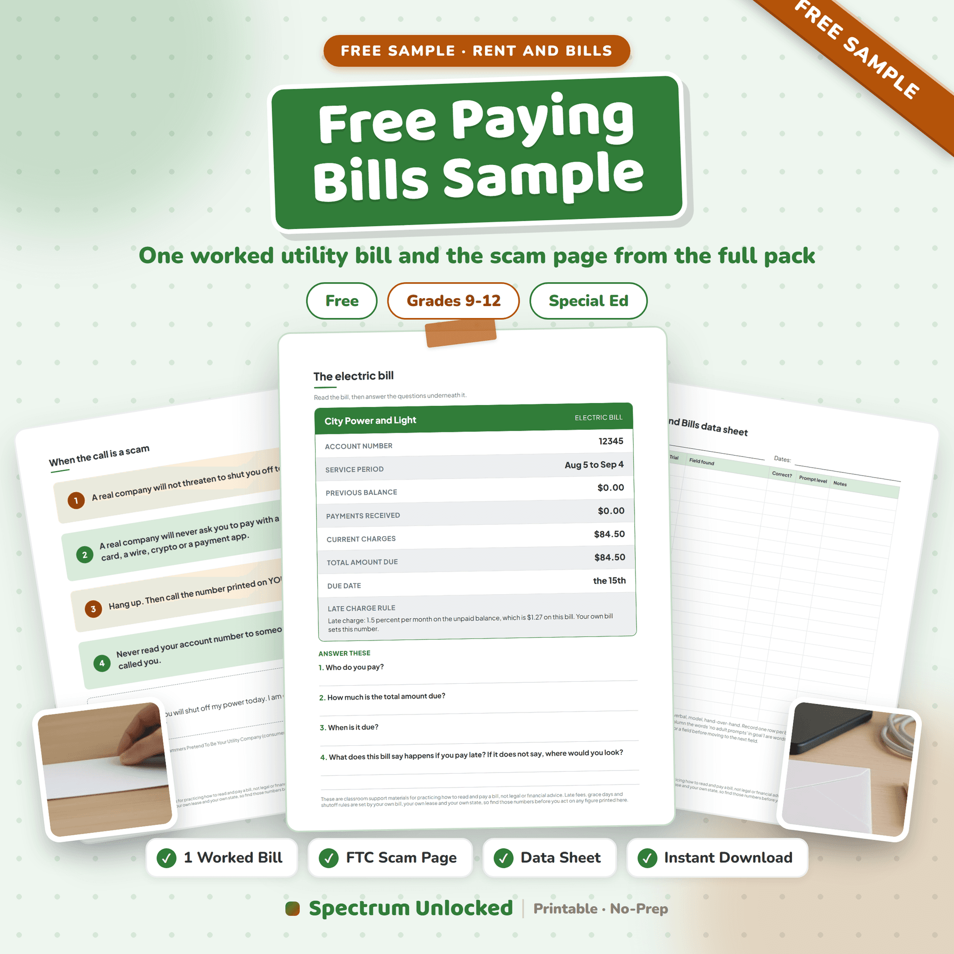 Free Paying Bills Worksheet sample cover, showing the worked utility bill and the scam page
