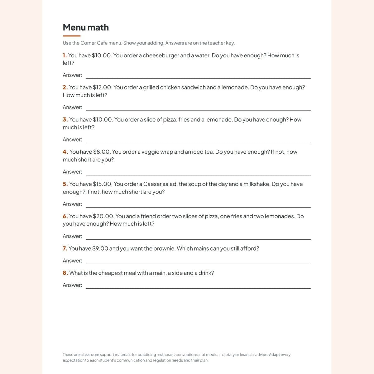 The menu math practice page with the Corner Cafe menu and eight budget problems