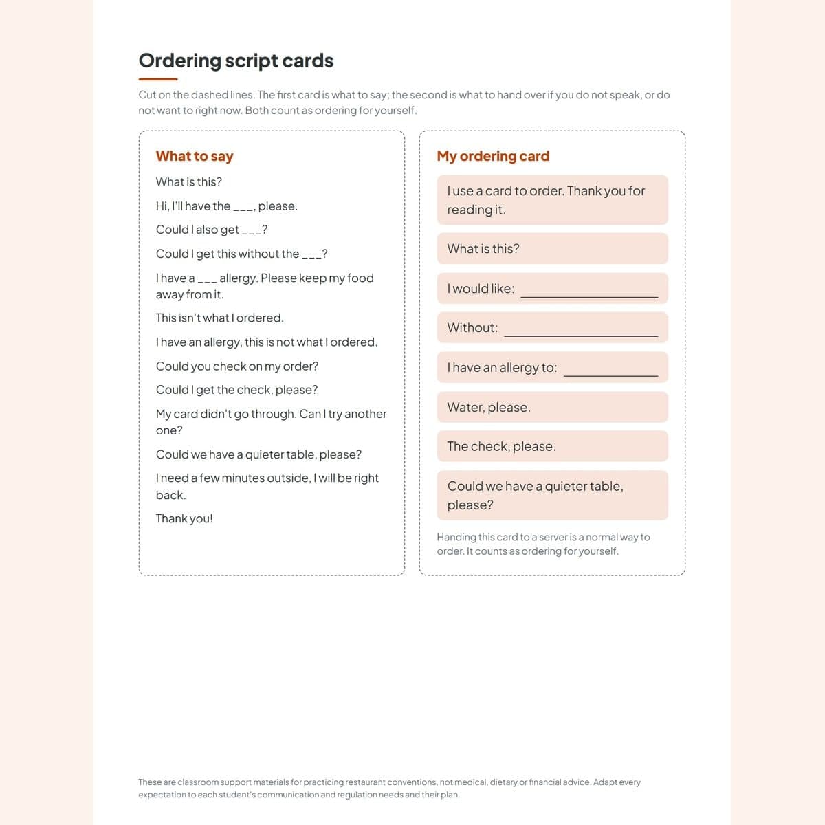 The ordering script card and the point-to ordering card, cut-out size