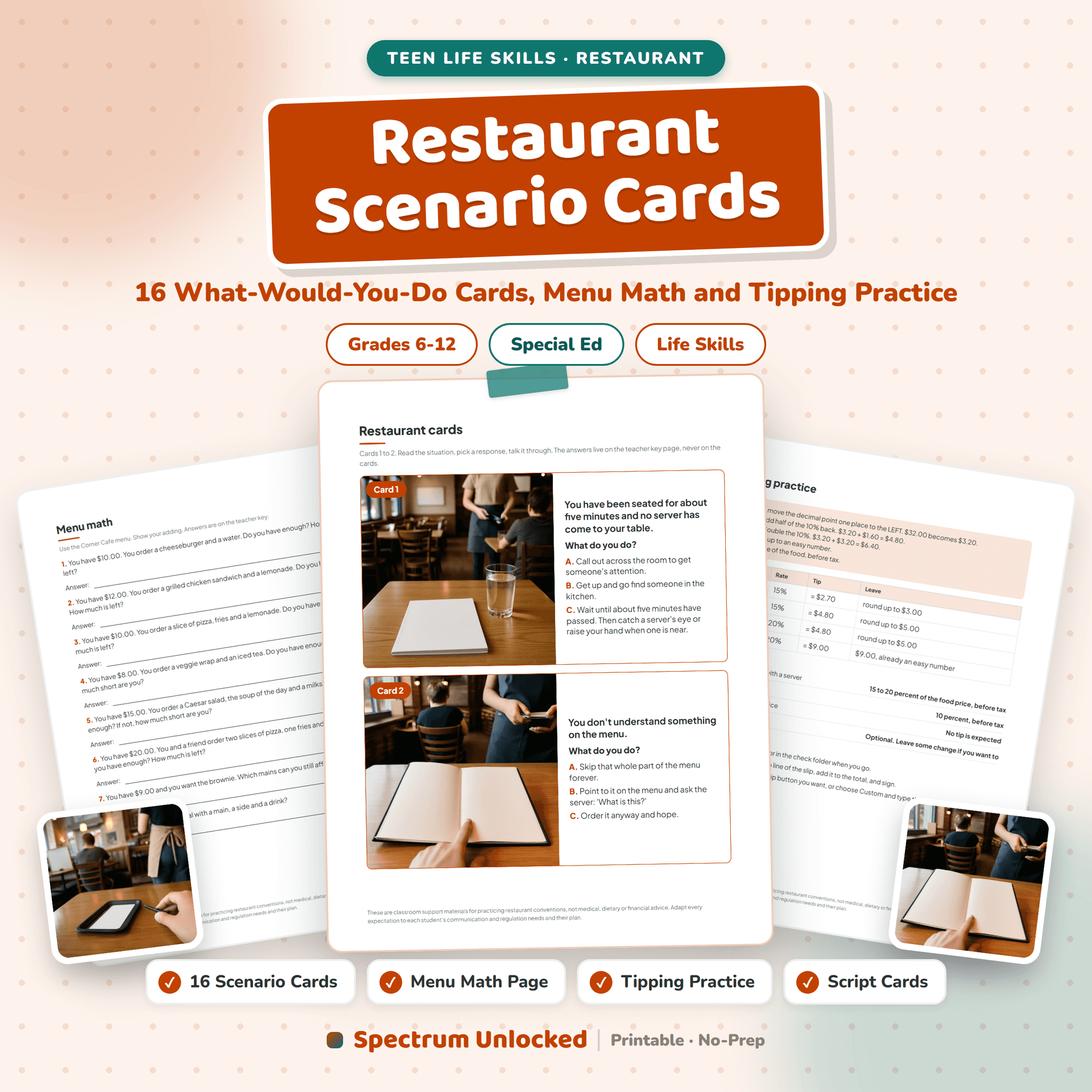 Restaurant Scenario Cards cover: sixteen what-would-you-do cards for teens with menu math and tipping practice, choose it, explain it, practice it