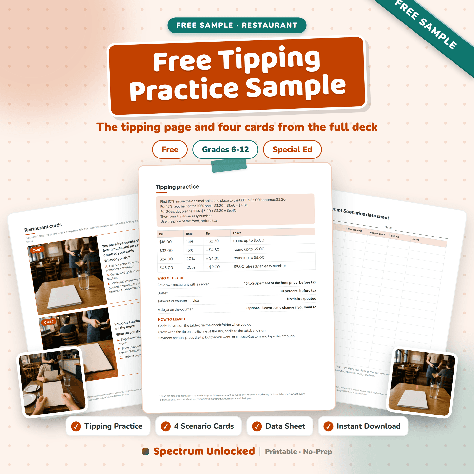 Restaurant Scenario Cards free sample cover with the menu math and tipping practice pages