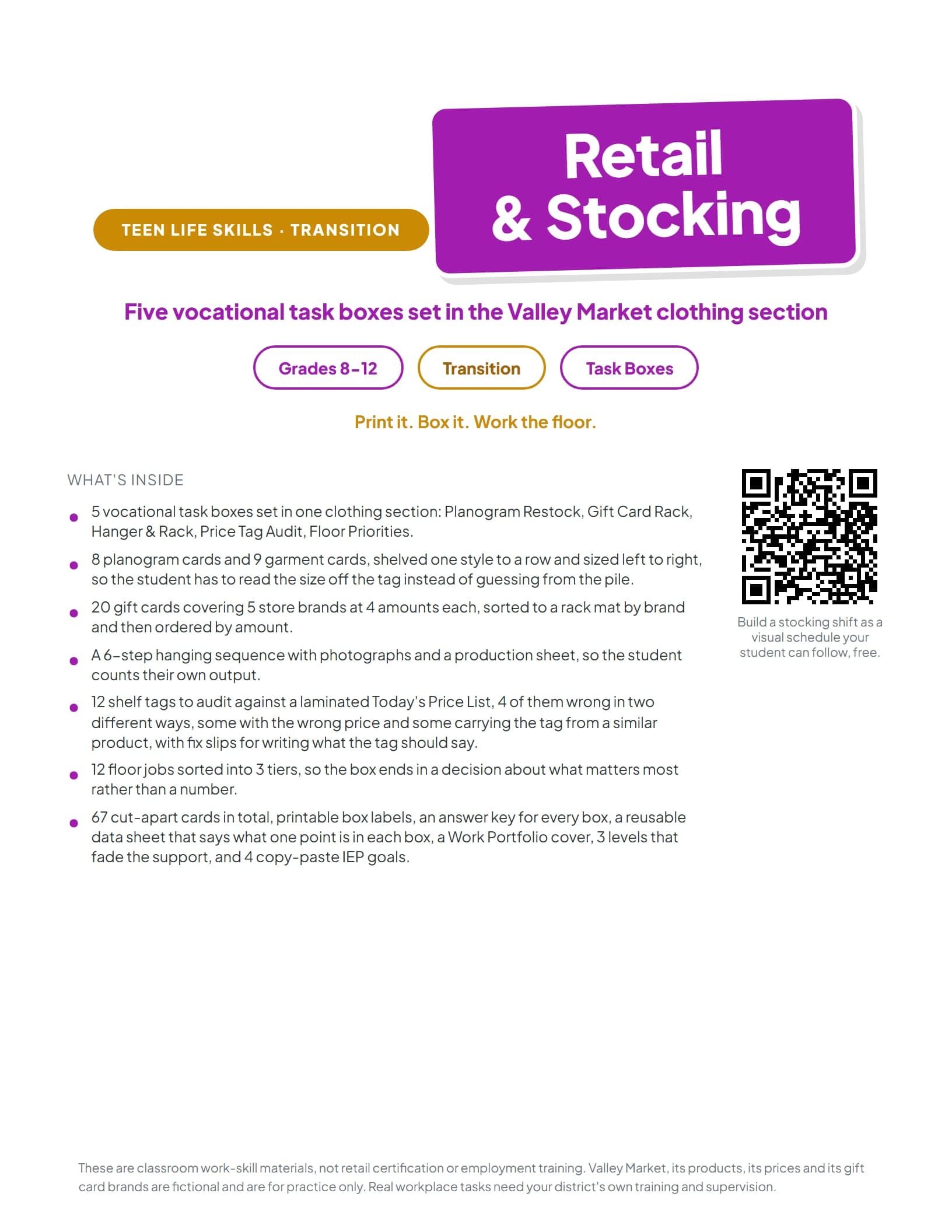 Job Skills Task Boxes: Retail and Stocking cover showing the five vocational work bins for transition students