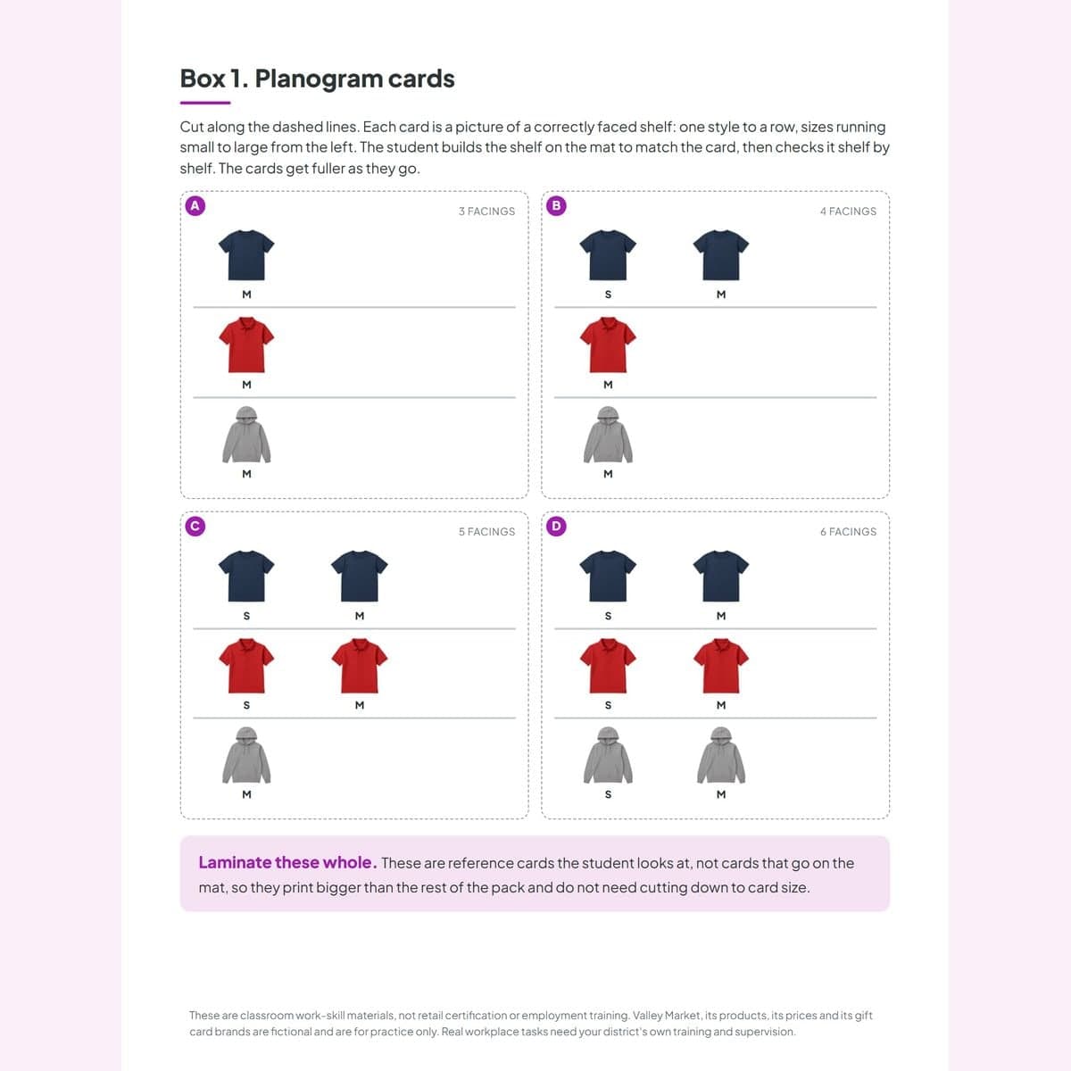 Planogram cards showing correctly faced shelves, one clothing style per row with sizes running small to large from the left