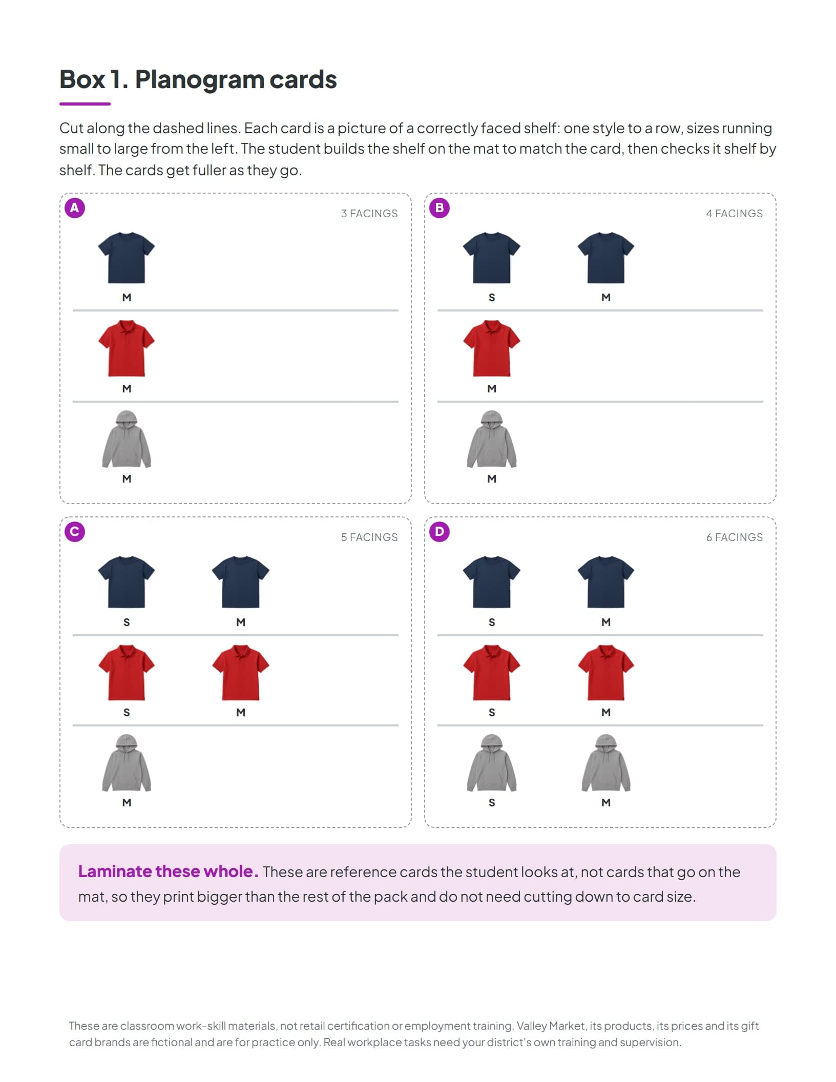 Planogram cards showing correctly faced shelves, one clothing style per row with sizes running small to large from the left