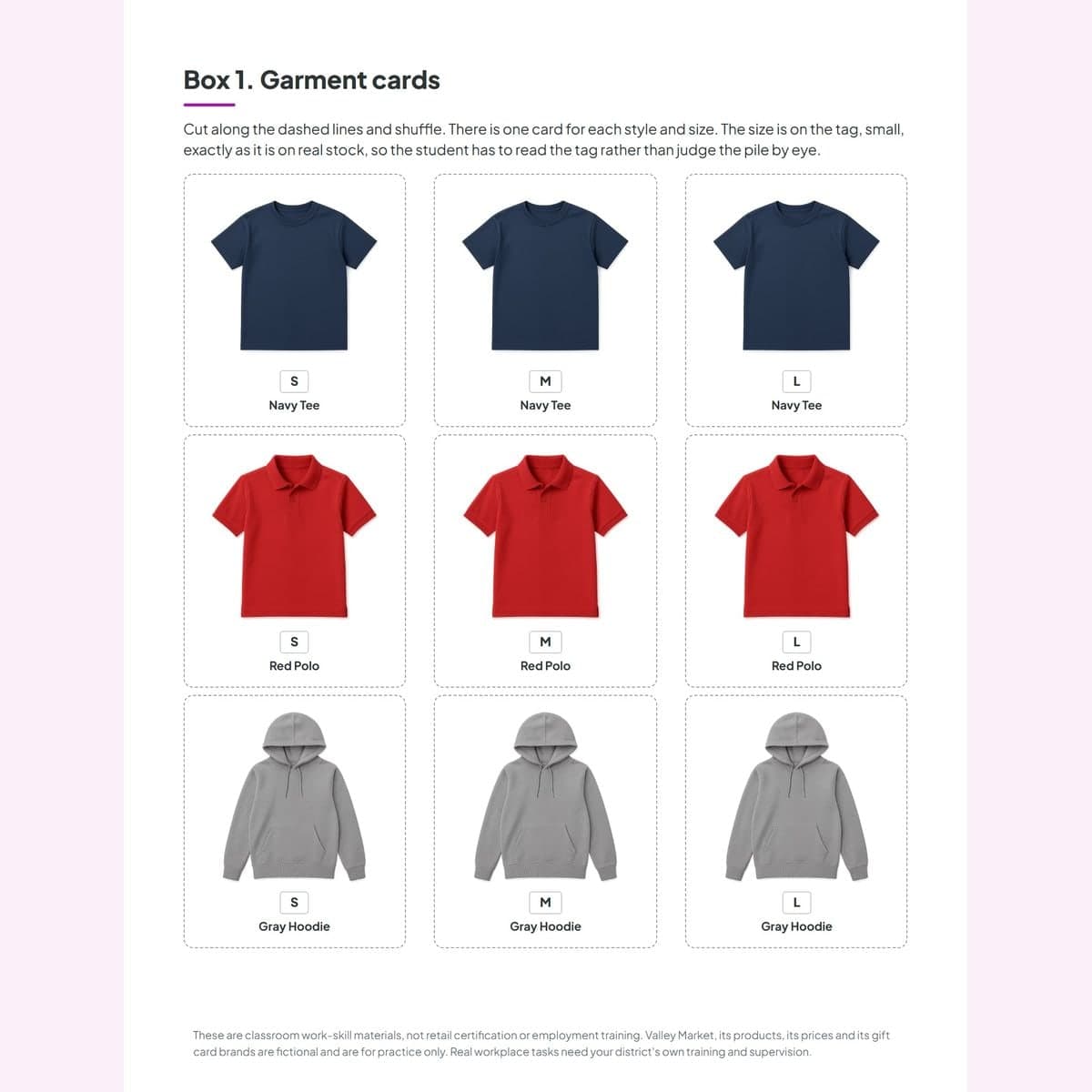Garment cards for three clothing styles in three sizes each, with the size printed small on the garment tag