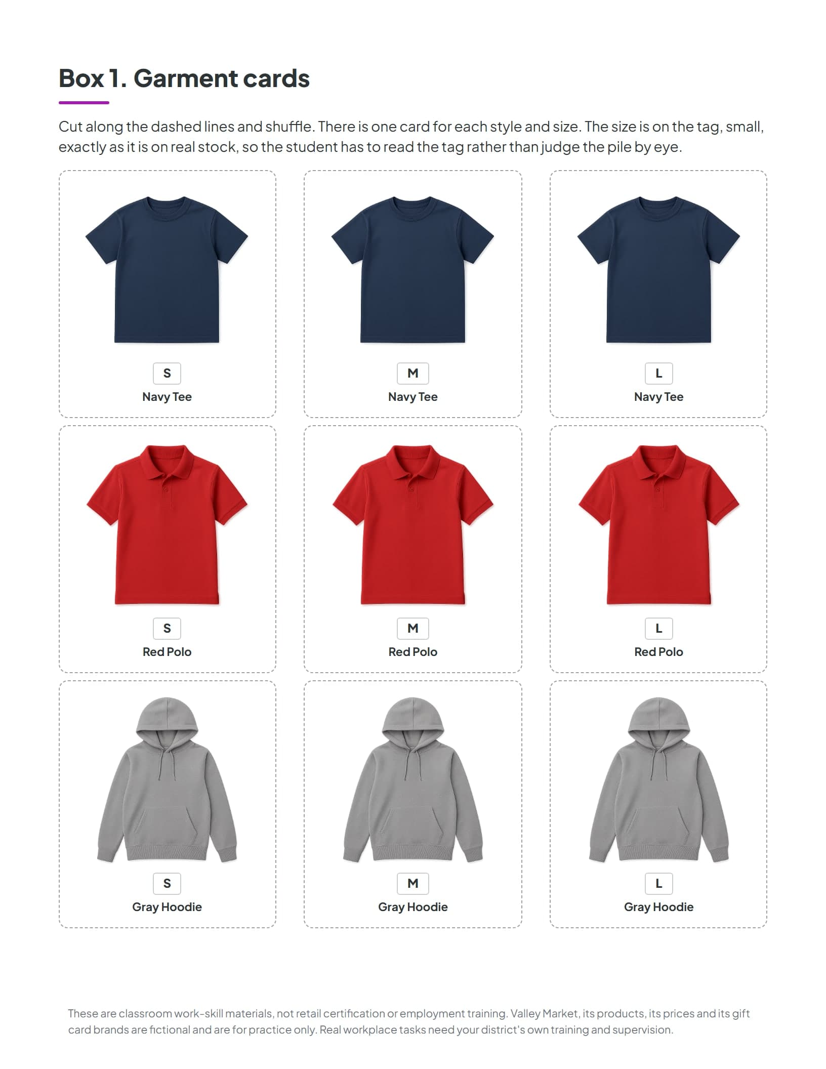 Garment cards for three clothing styles in three sizes each, with the size printed small on the garment tag