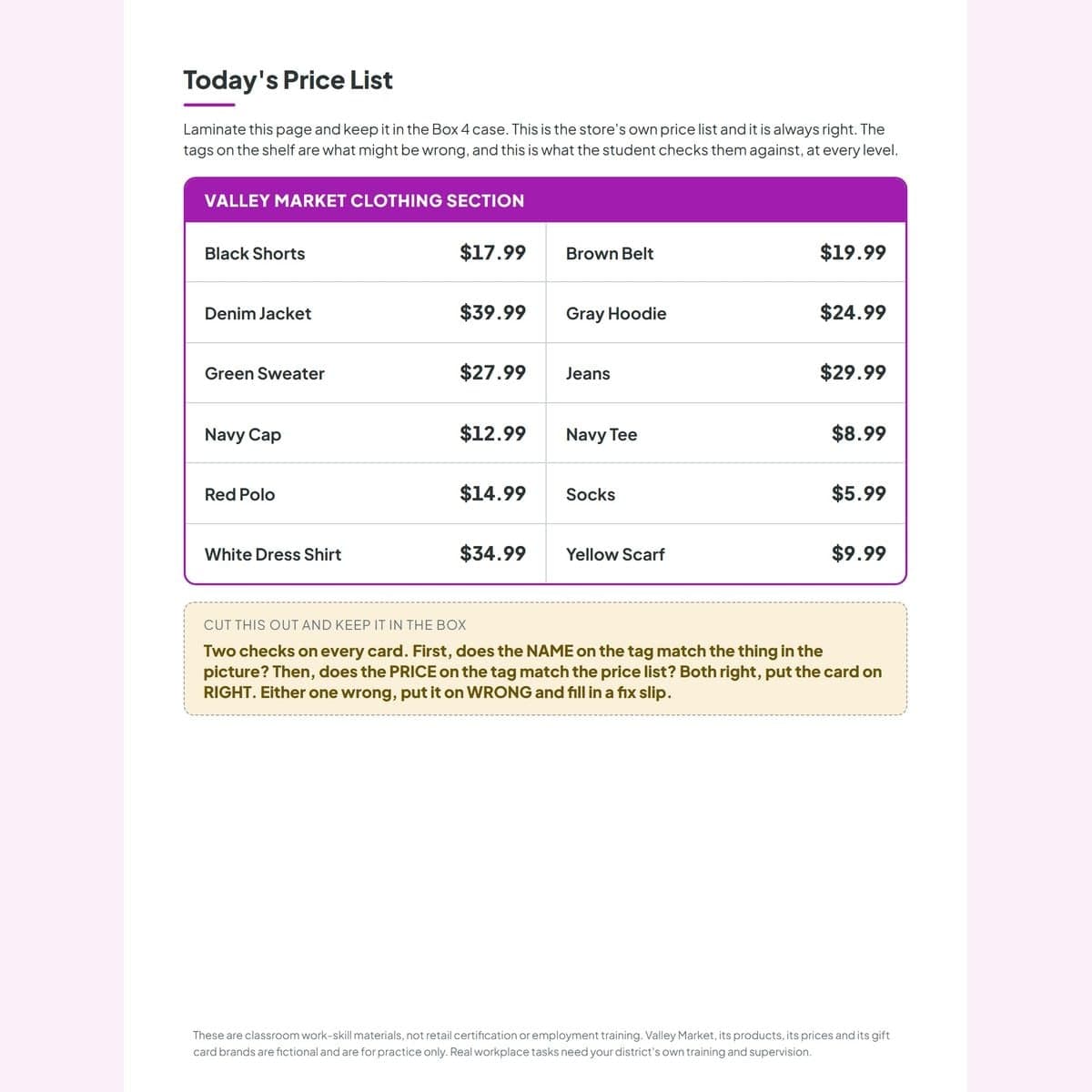 Today's Price List, the laminated reference sheet students check each shelf tag against