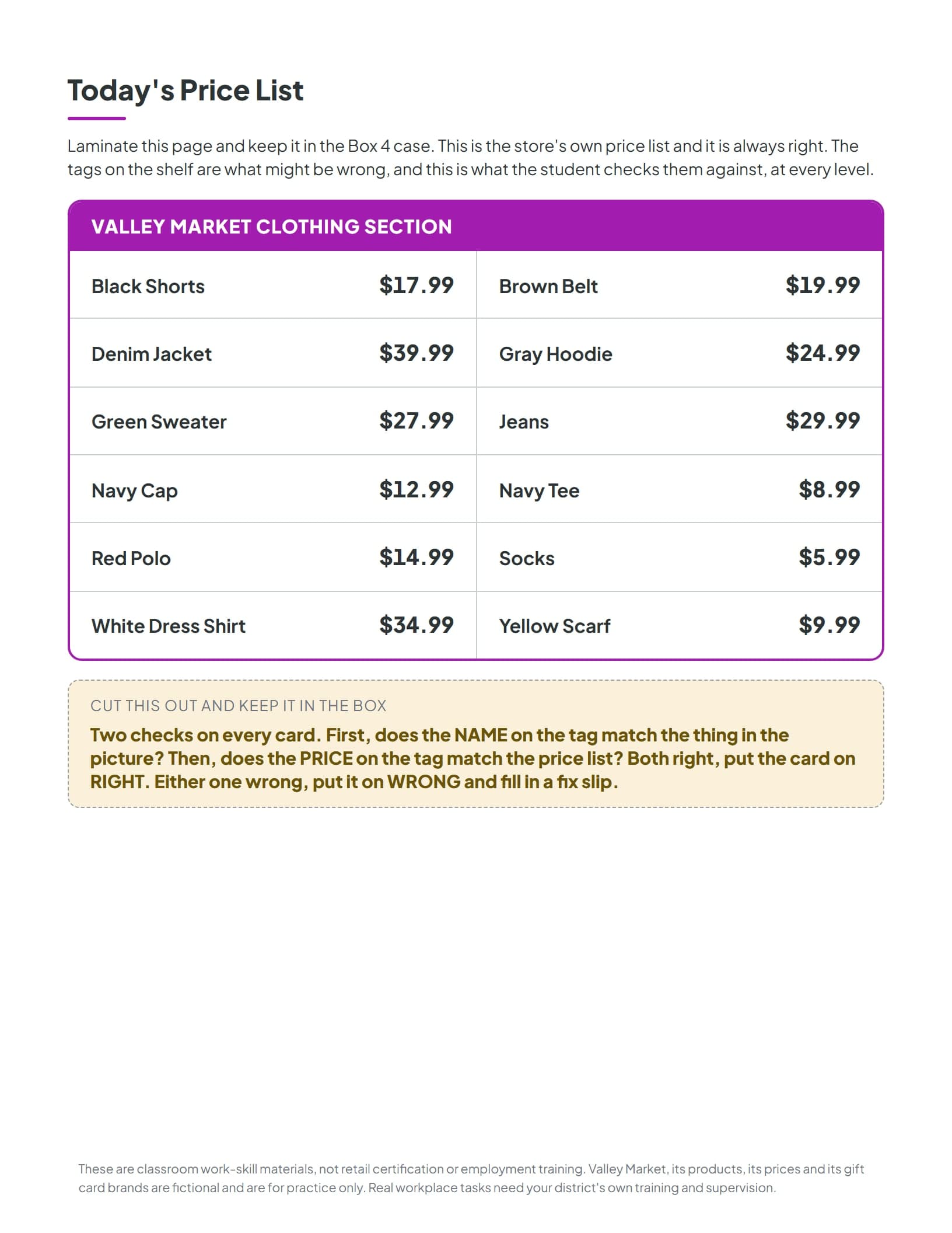 Today's Price List, the laminated reference sheet students check each shelf tag against