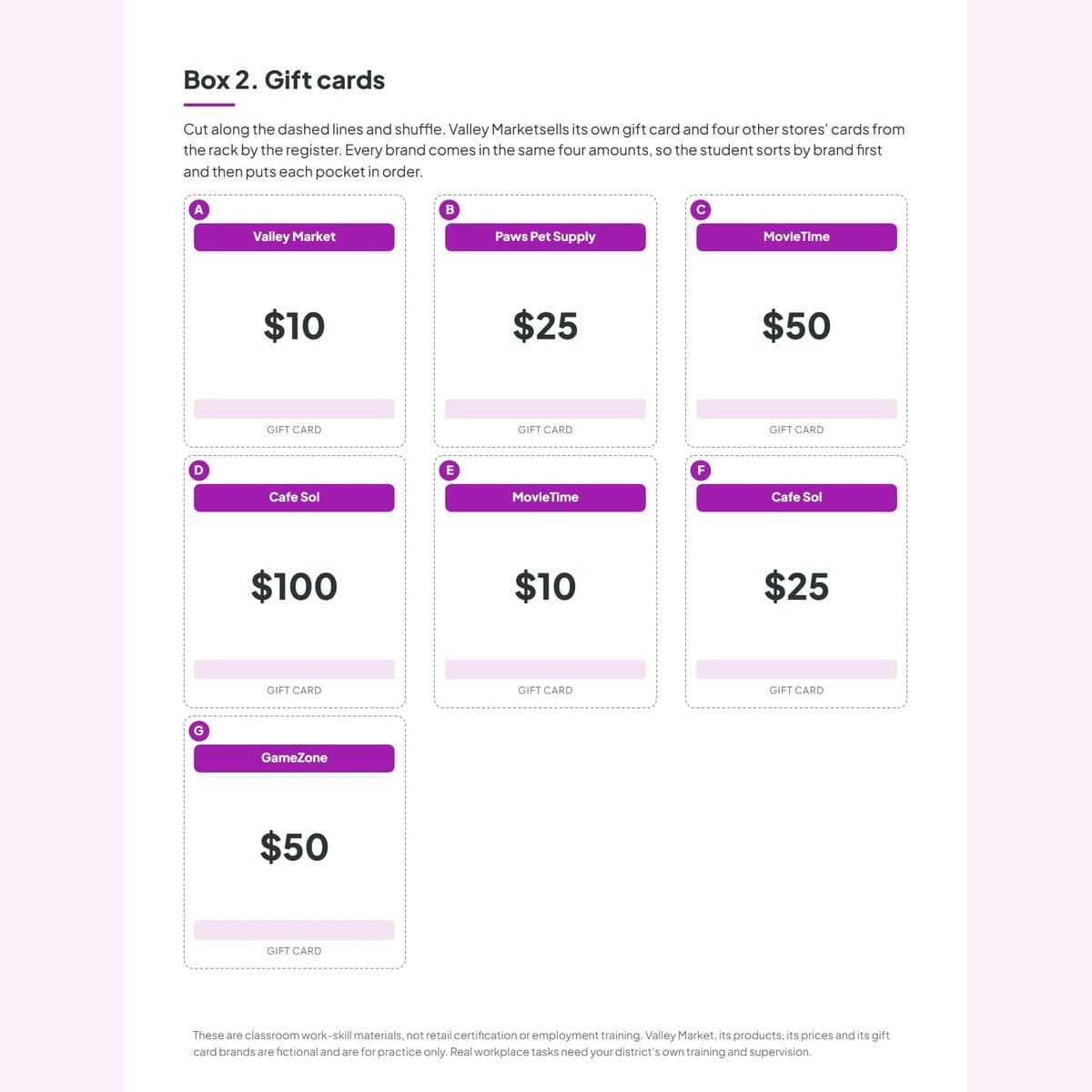Gift cards for five store brands at four amounts each, printed for cutting apart