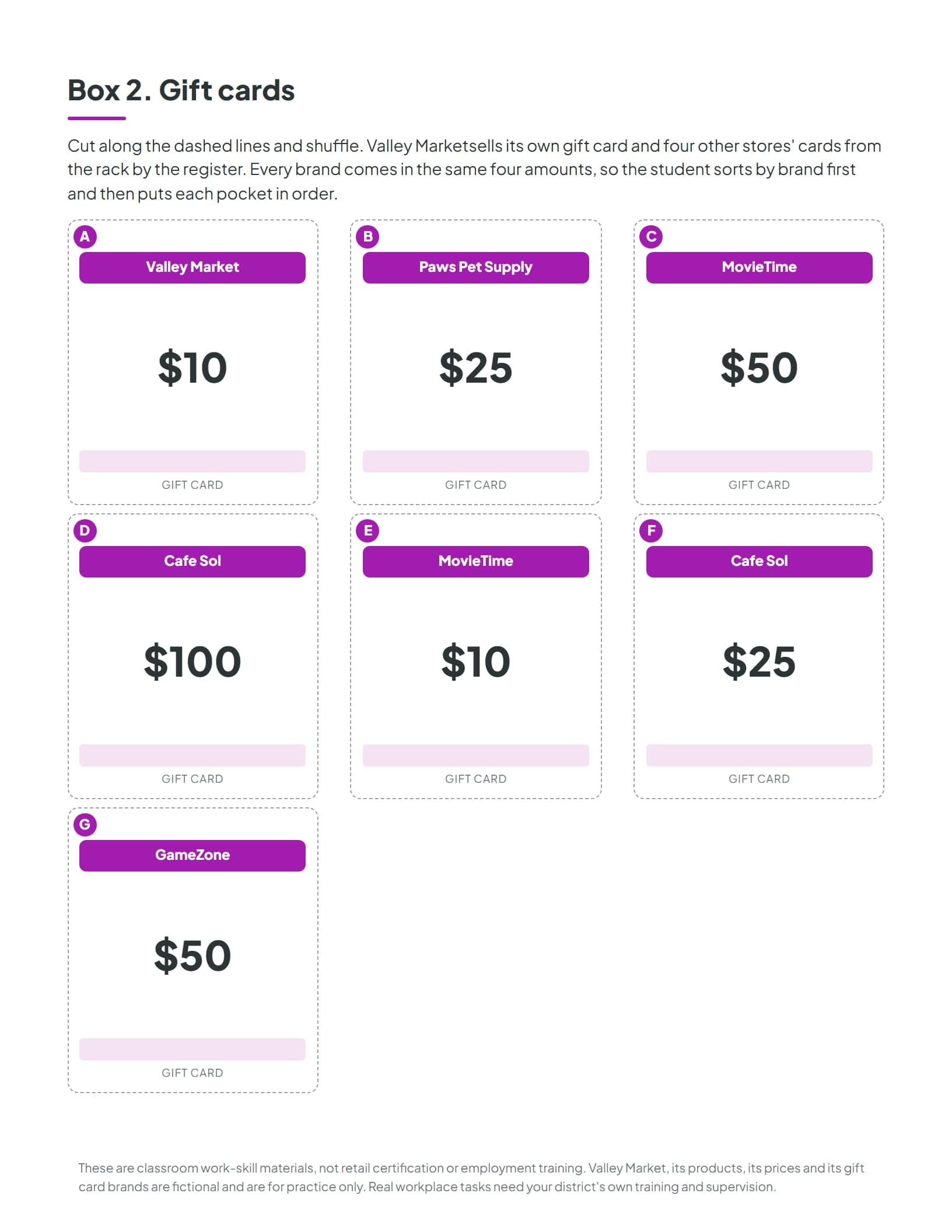 Gift cards for five store brands at four amounts each, printed for cutting apart