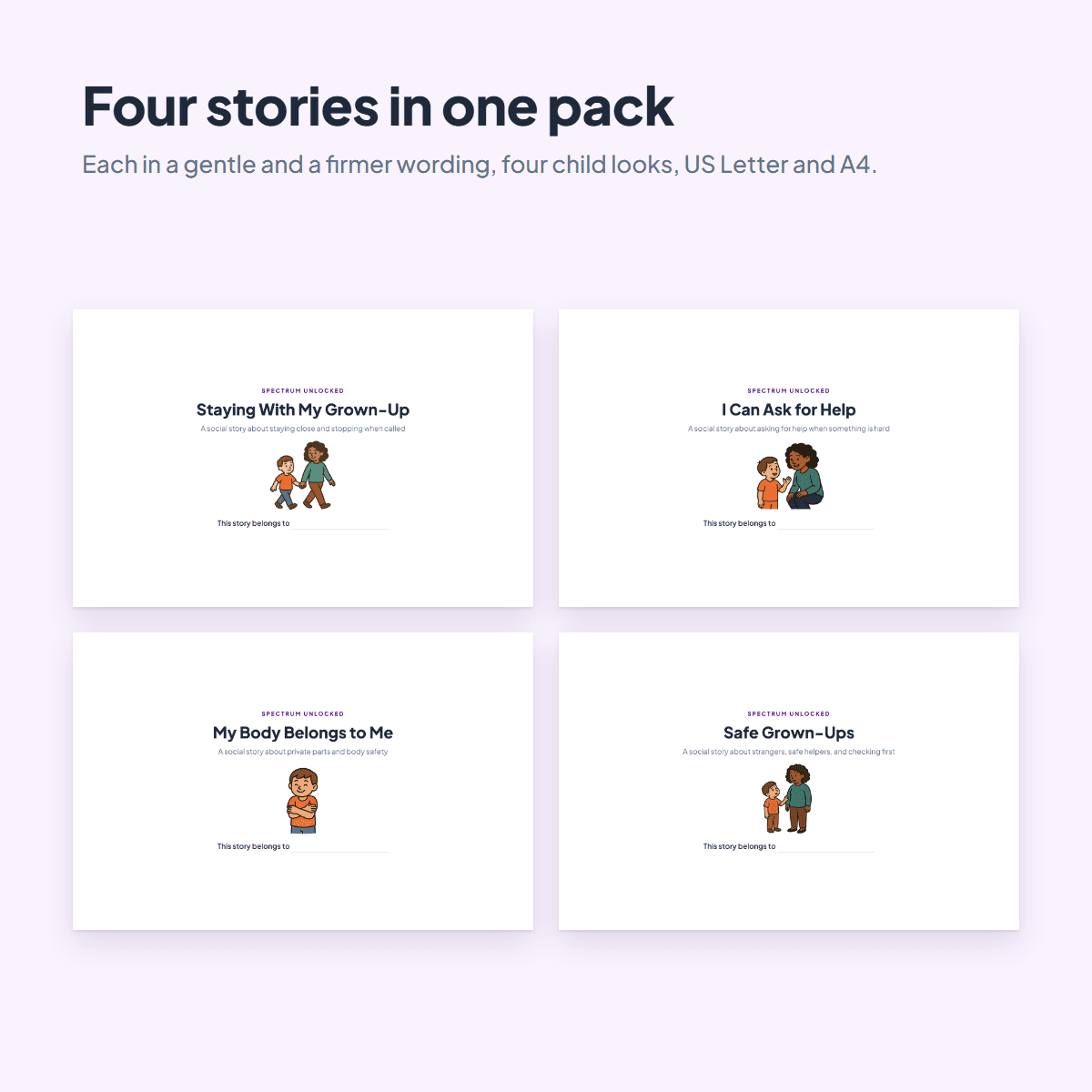 The four Safety Social Stories: elopement, asking for help, private parts and stranger danger