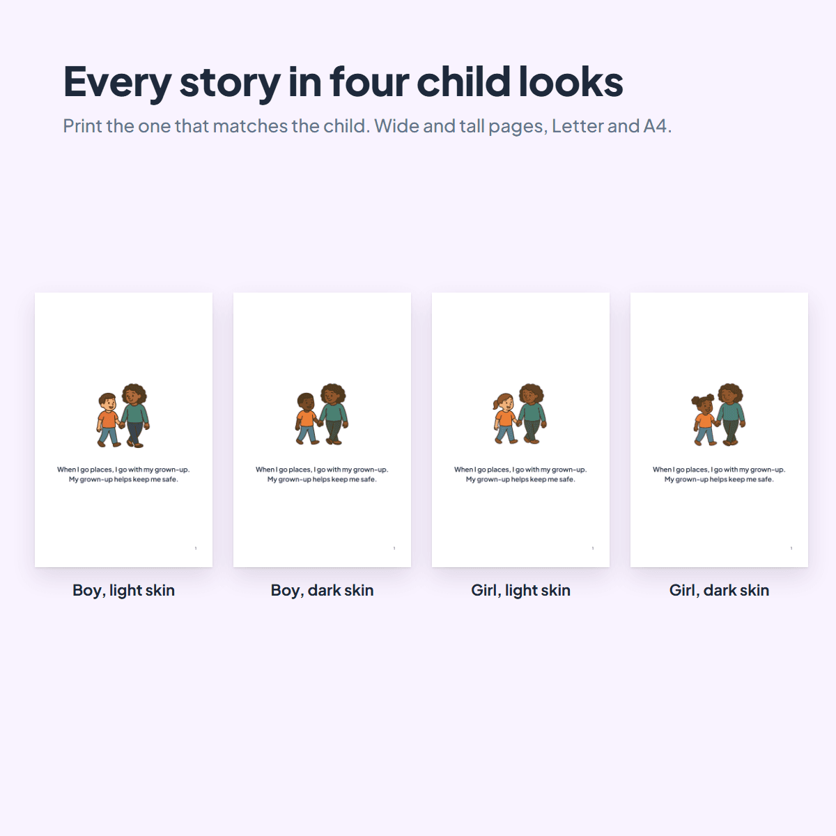 A Safety Social Stories page in four child looks, a boy or a girl with light or dark skin