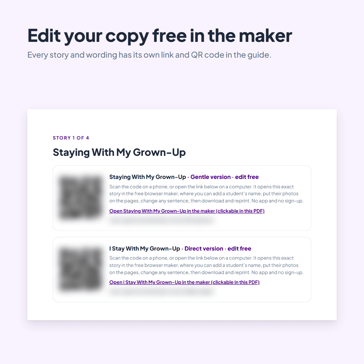 Guide page for the Safety Social Stories with a printed link and QR code for every story