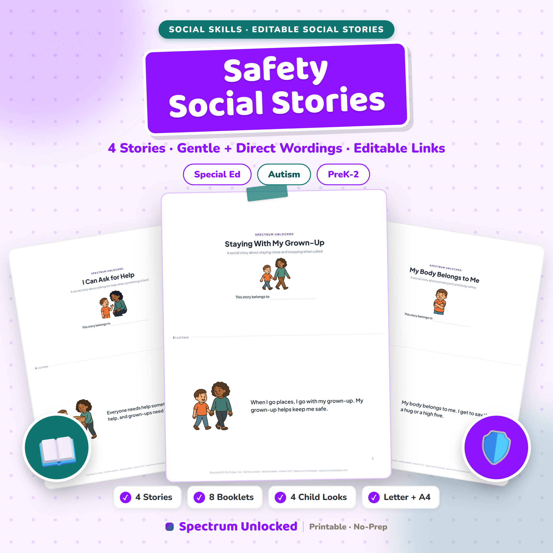 Safety Social Stories cover, four printable social stories for young autistic children