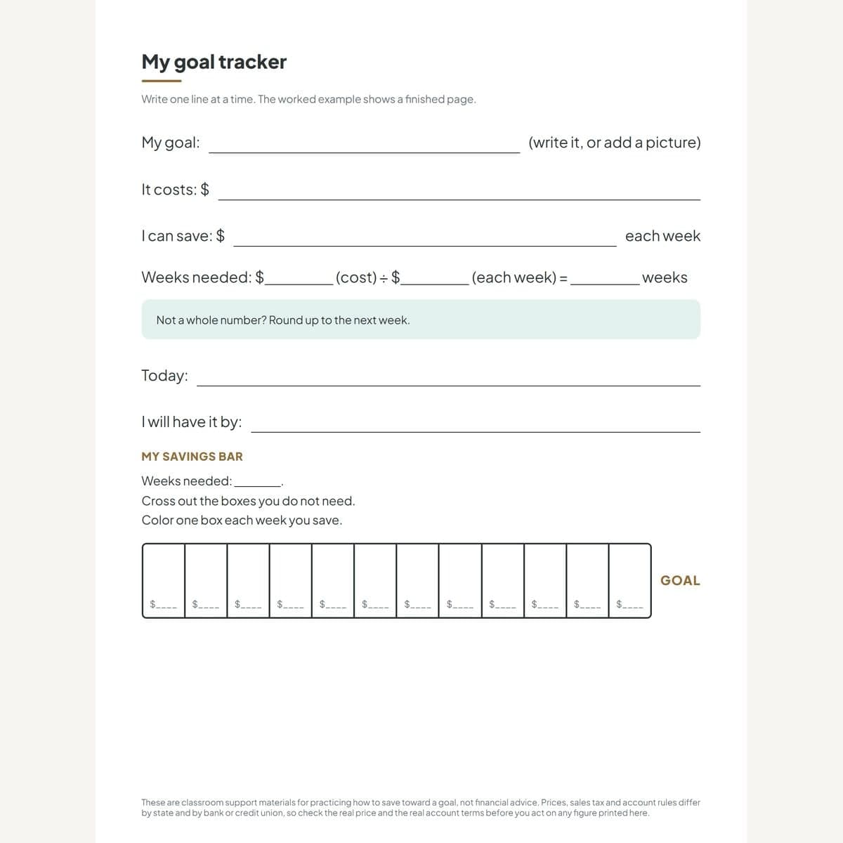 The blank goal tracker from the free sample, with its labeled division line, the round-up rule and the bar of boxes, one box per week saved