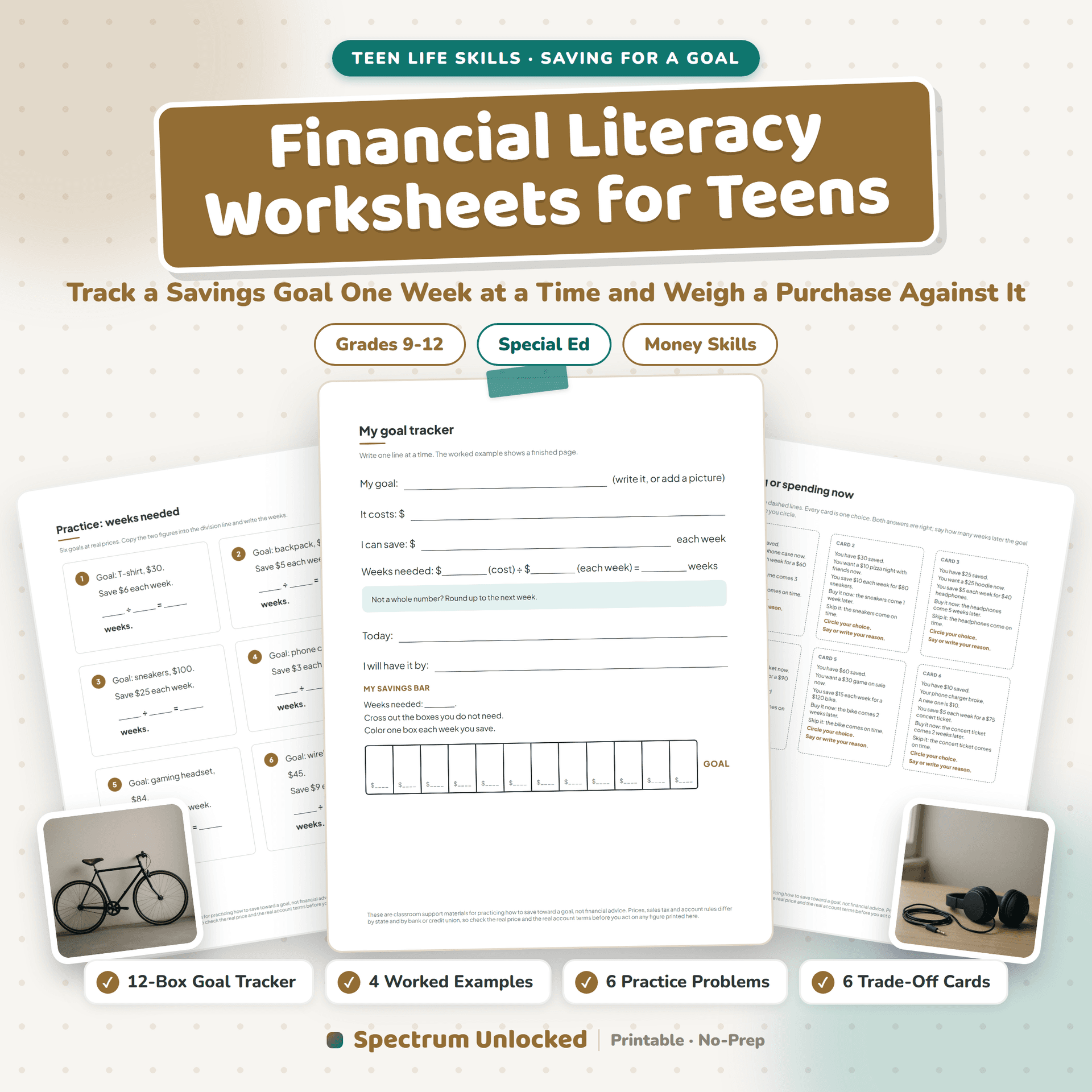 Financial Literacy Worksheets for Teens: Saving for a Goal Money Workbook cover, showing the goal tracker, a worked example and a trade-off card