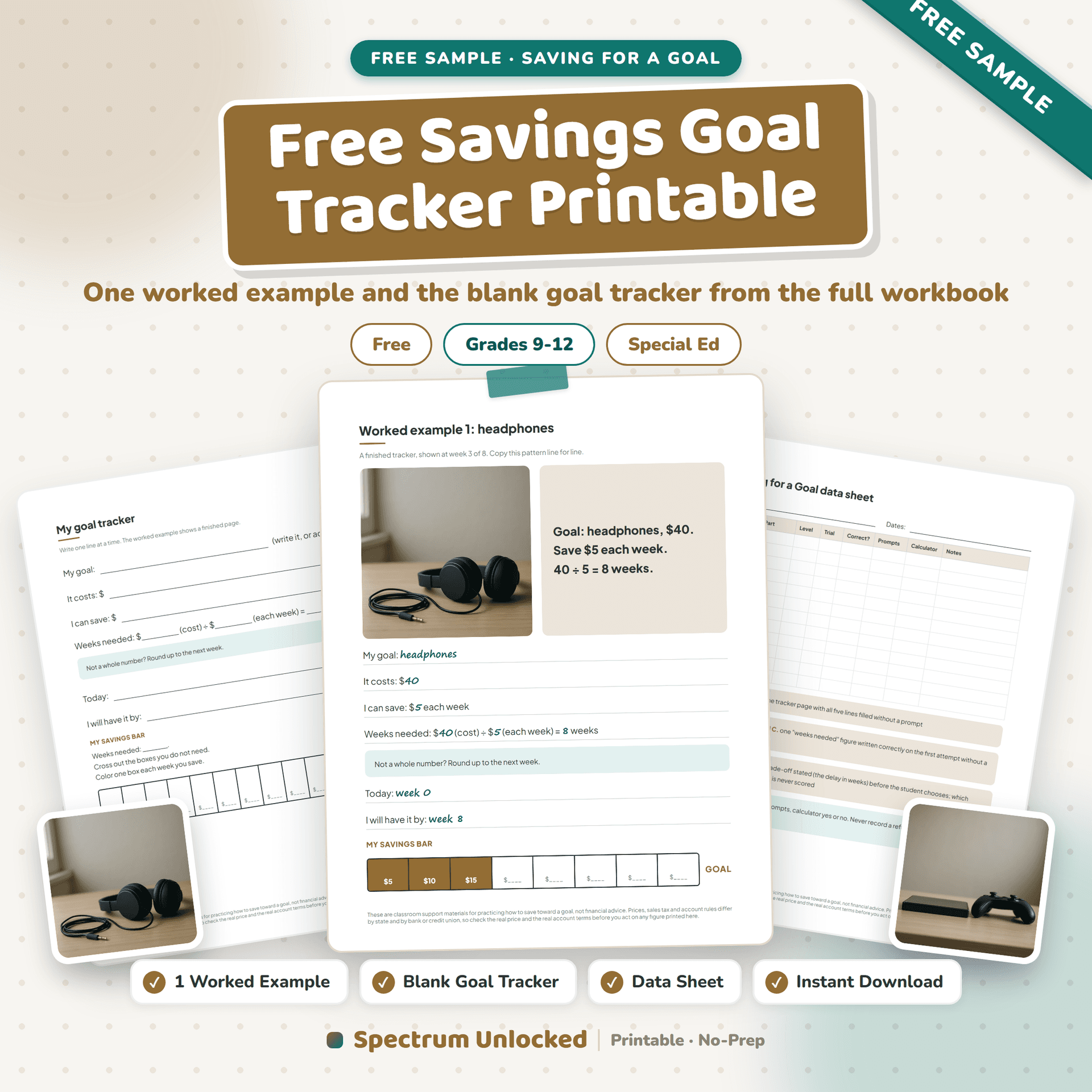 Free Savings Goal Tracker Printable sample cover, showing the blank goal tracker and the first worked example