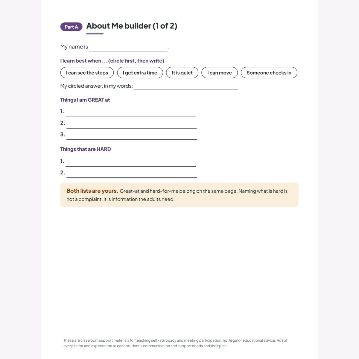 The About Me builder page: circle-first menus for how I learn best, then strengths and hard things in the student's words