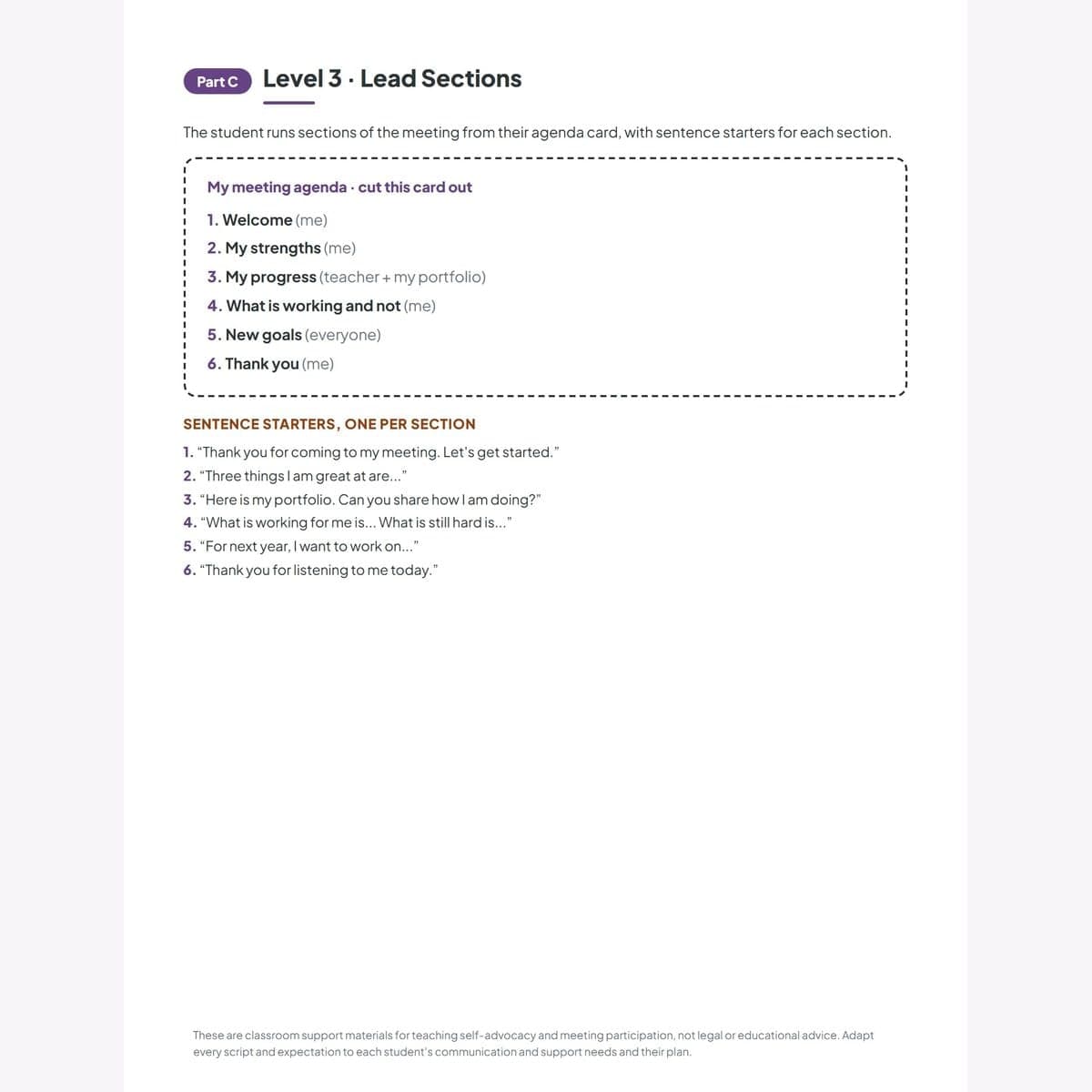 The Level 3 student-led meeting page: the agenda card the student runs, with a sentence starter for every section