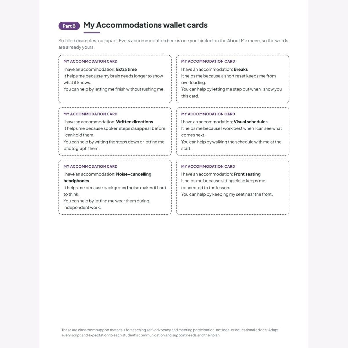 My Accommodations wallet cards: six pre-filled cut-apart cards that say what helps and how to help