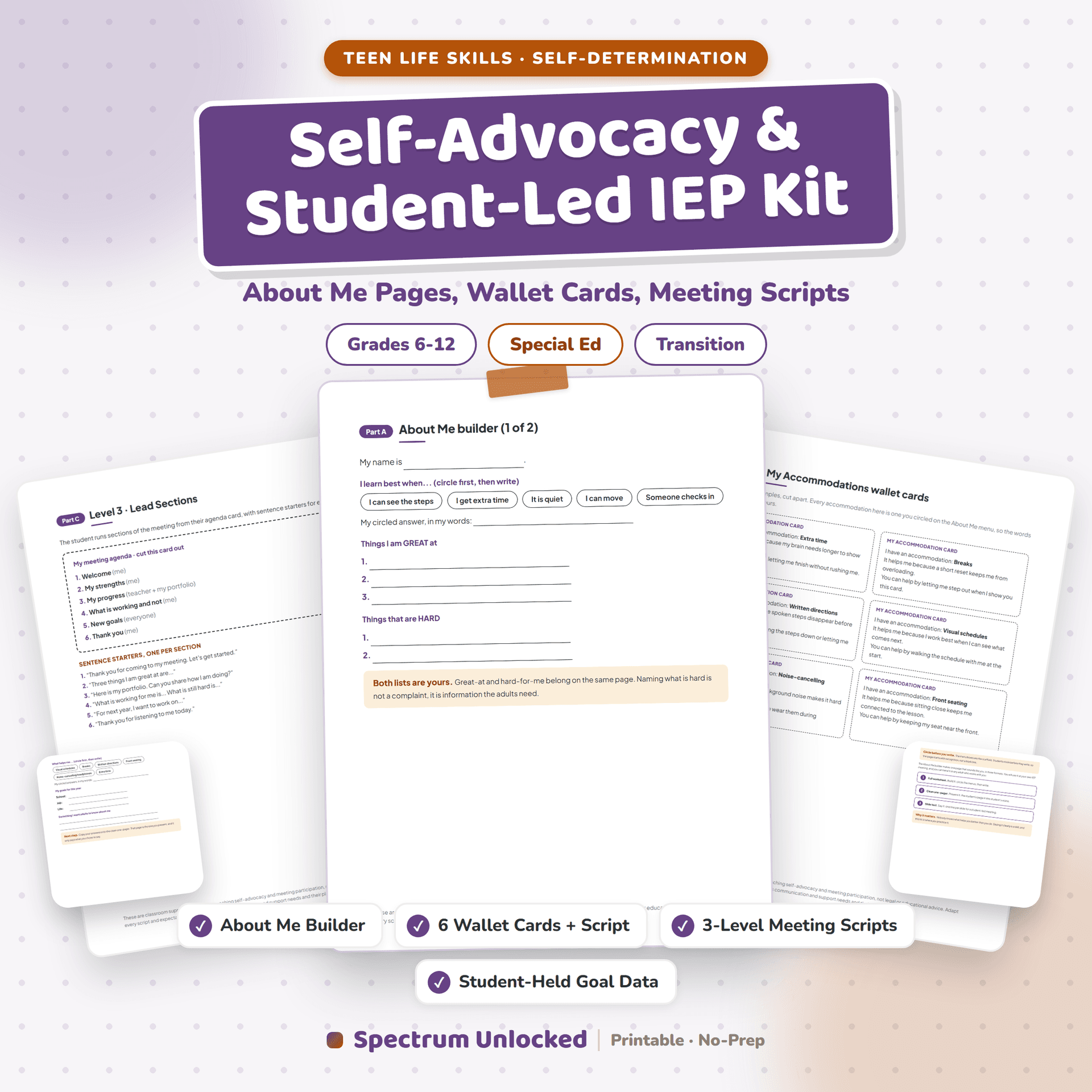 Self-Advocacy and Student-Led IEP Kit cover: the About Me builder page and an accommodations wallet card