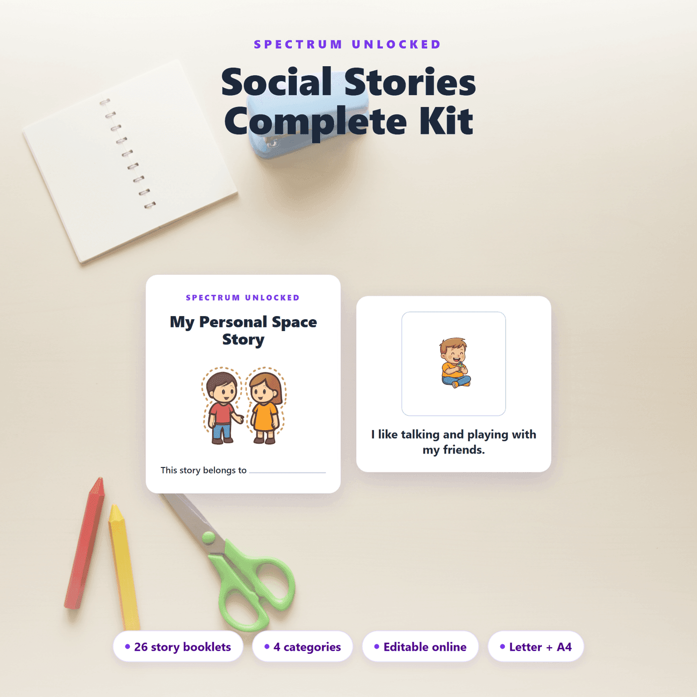 Social Stories Complete Kit cover showing 26 illustrated printable social story booklets
