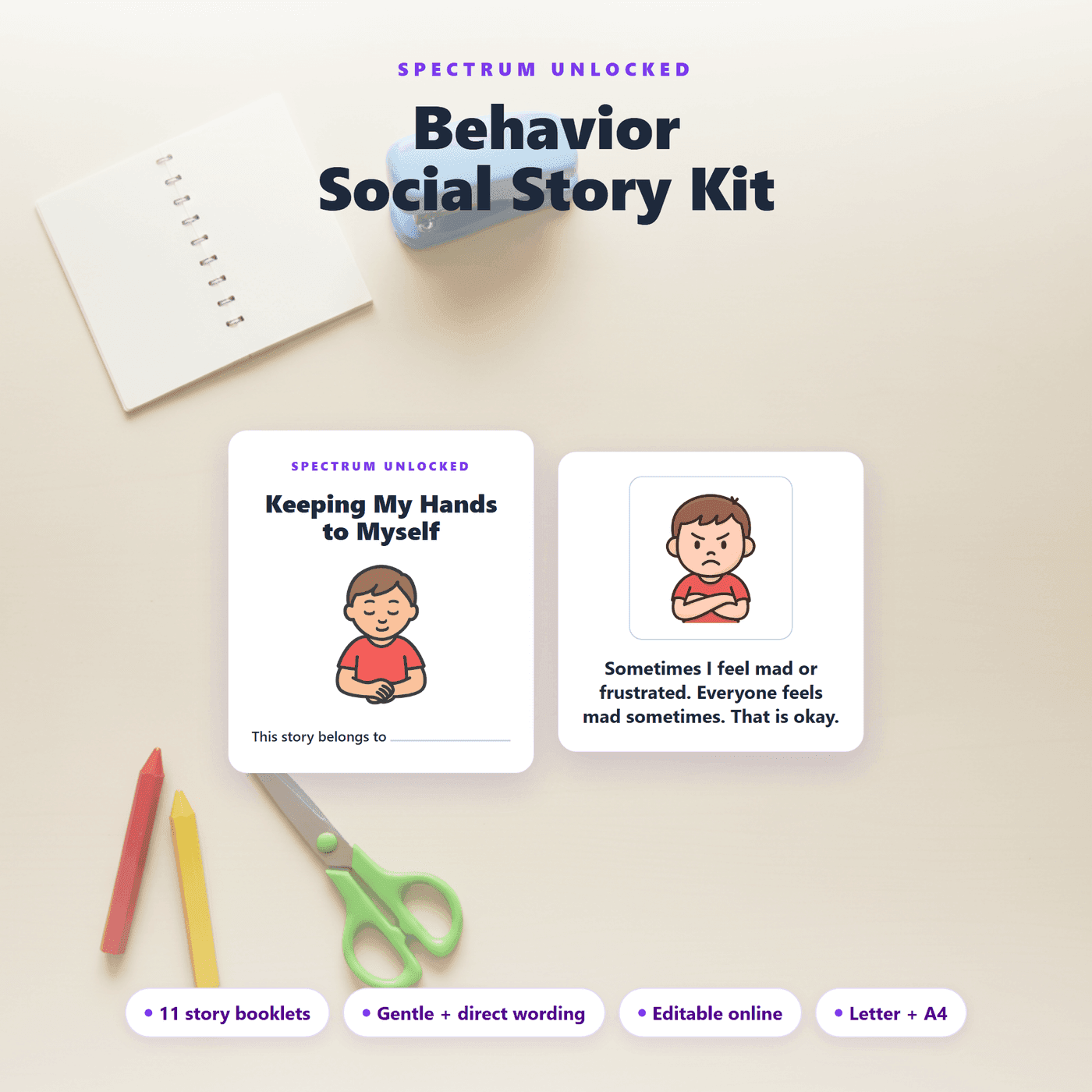 Behavior Social Stories cover showing six illustrated printable stories for classroom behavior