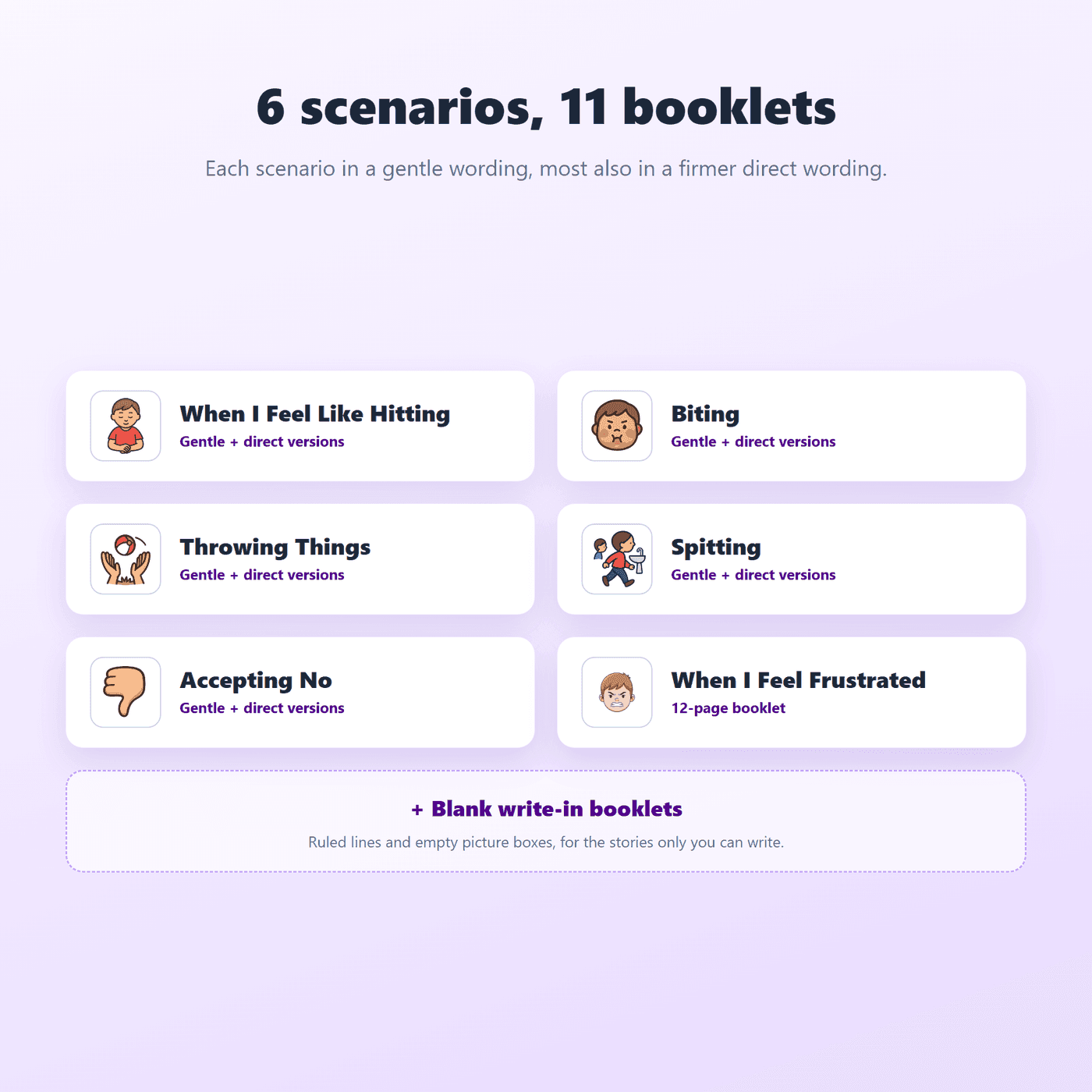 What is included in the Behavior Social Stories pack across hitting, biting, throwing and more