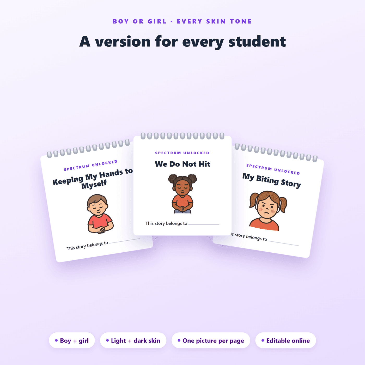 Illustrated pages from the Behavior Social Stories pack