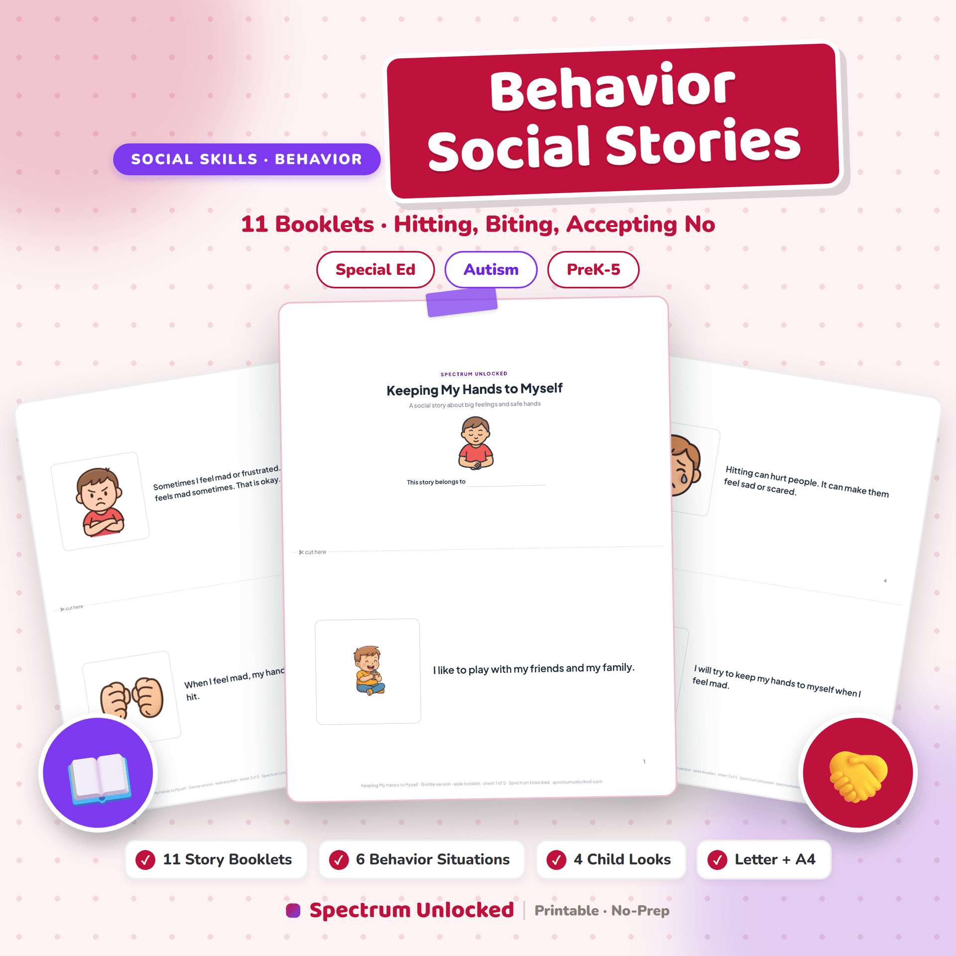 Behavior Social Stories cover, eleven booklets covering hitting, biting and accepting no, in four child looks