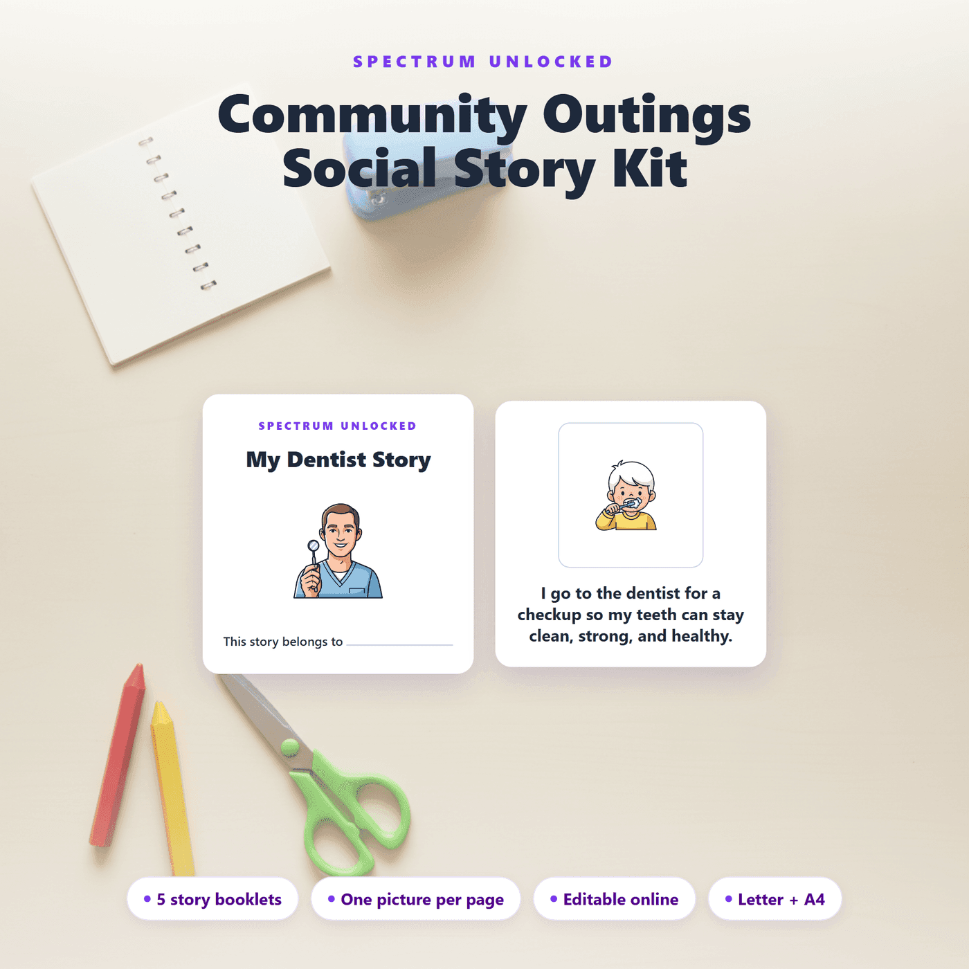 Community Social Stories cover showing five illustrated printable stories for community outings