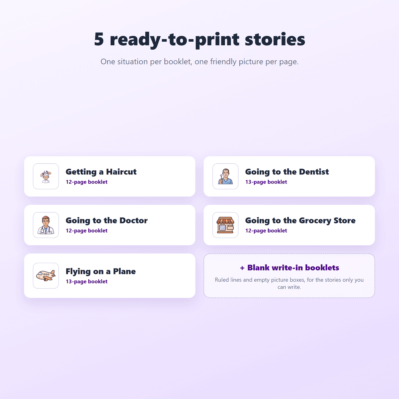 What is included in the Community Social Stories pack across haircut, dentist, doctor and store
