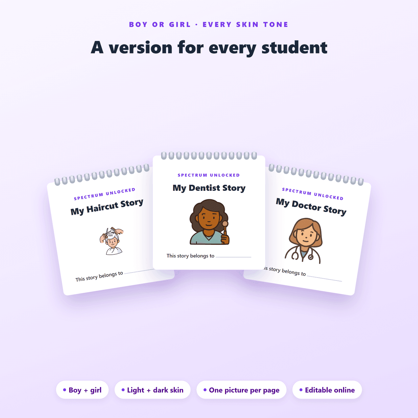 Illustrated pages from the Community Social Stories pack