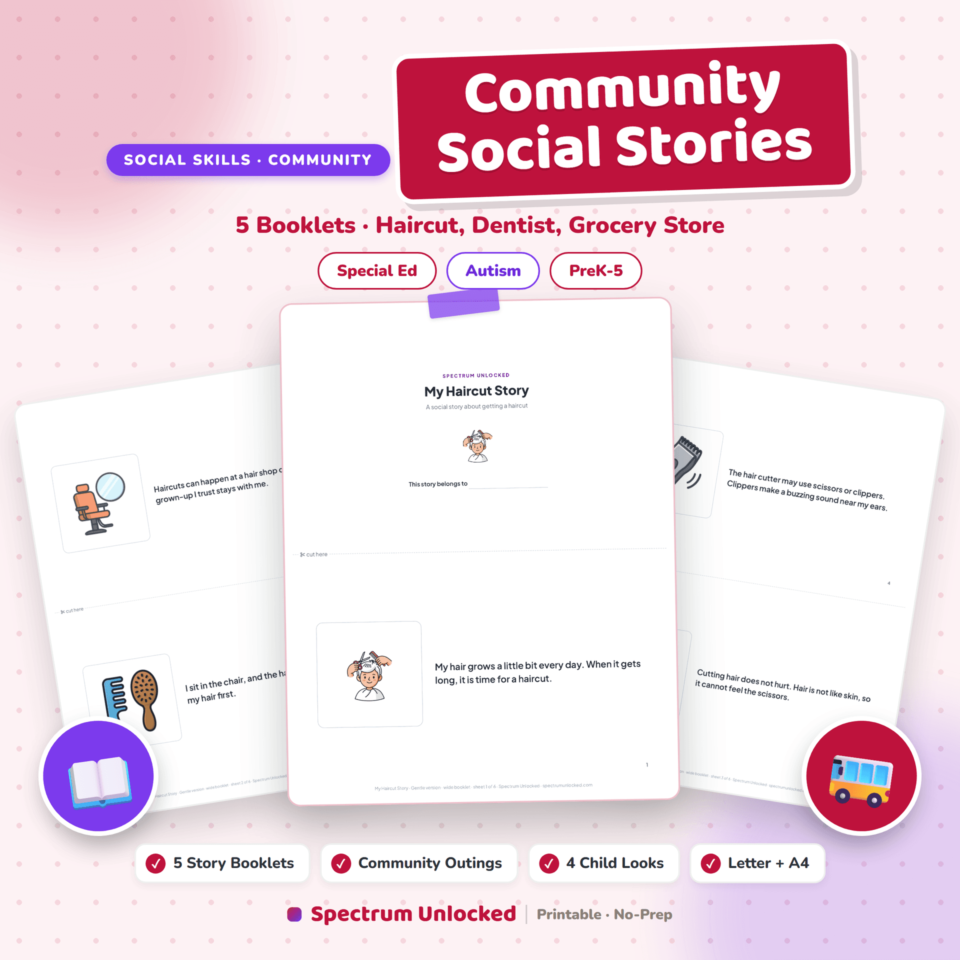 Community Social Stories cover, five booklets covering haircuts, the dentist and the grocery store, in four child looks